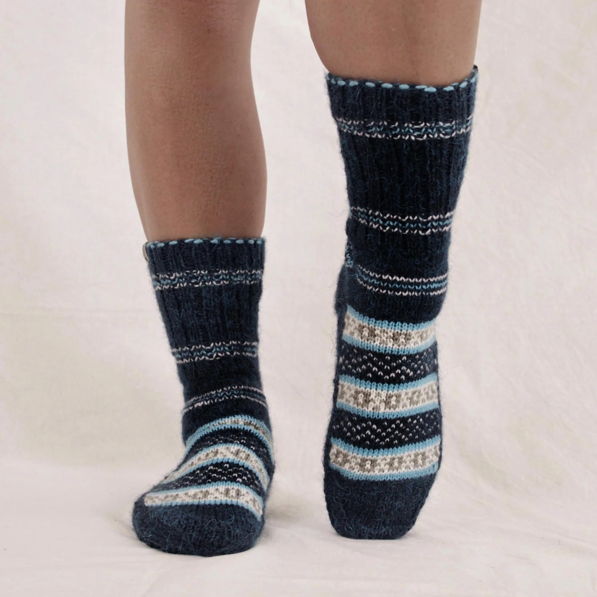 Midnight Frost Hand-Knit Midnight Blue Thick Slipper Style Socks from India - Image 5