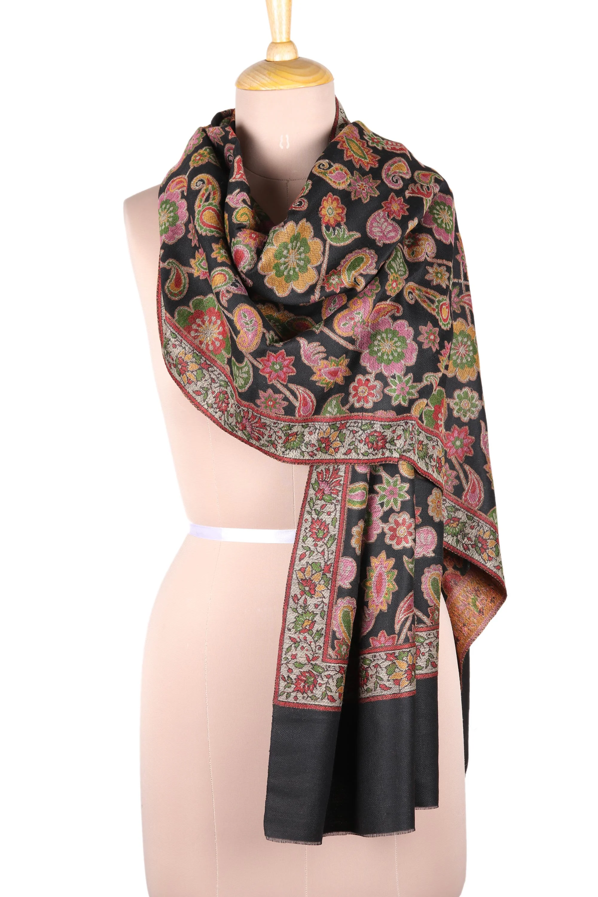 Midnight Garden Floral Wool Shawl in Black from India - Image 2