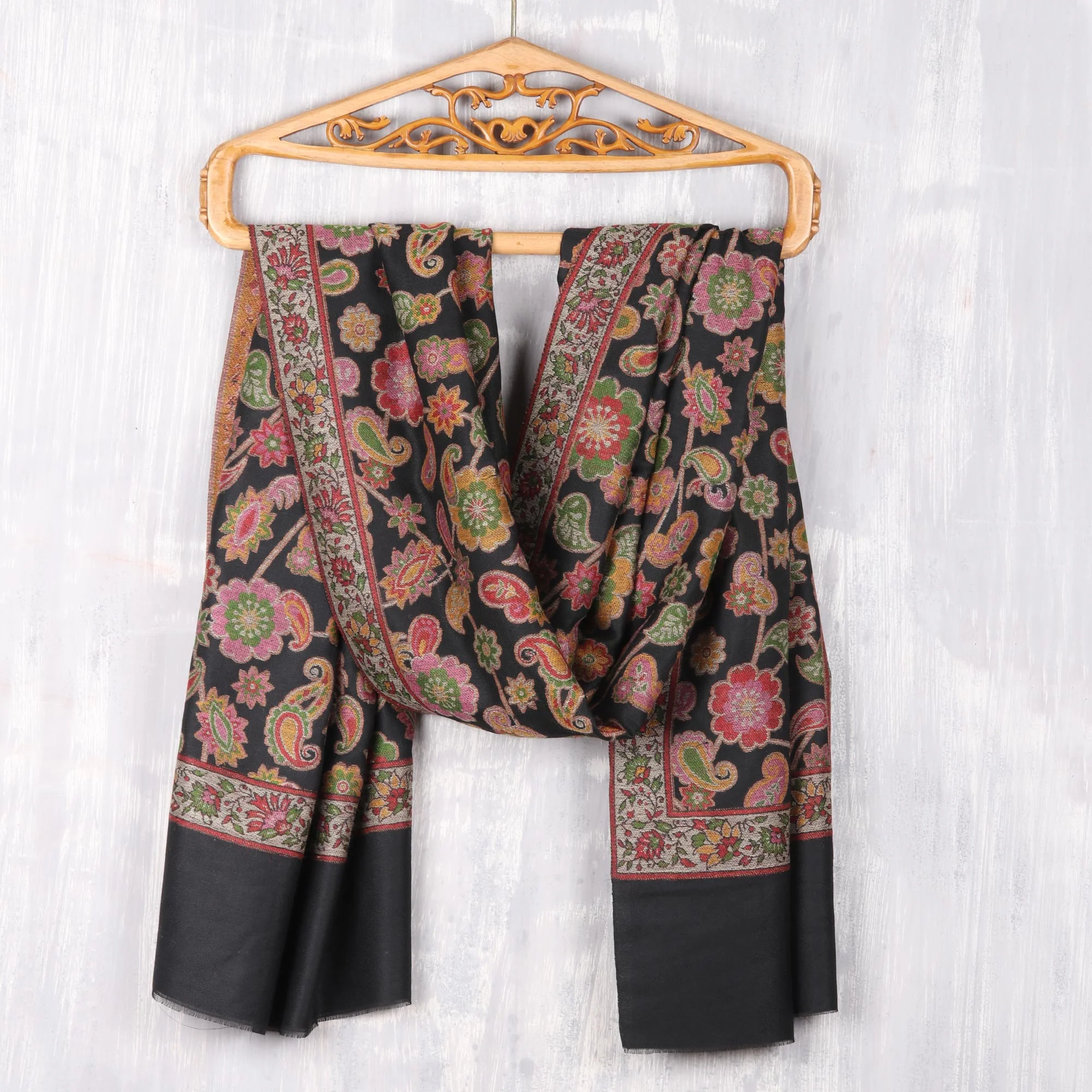 Midnight Garden Floral Wool Shawl in Black from India - Image 3