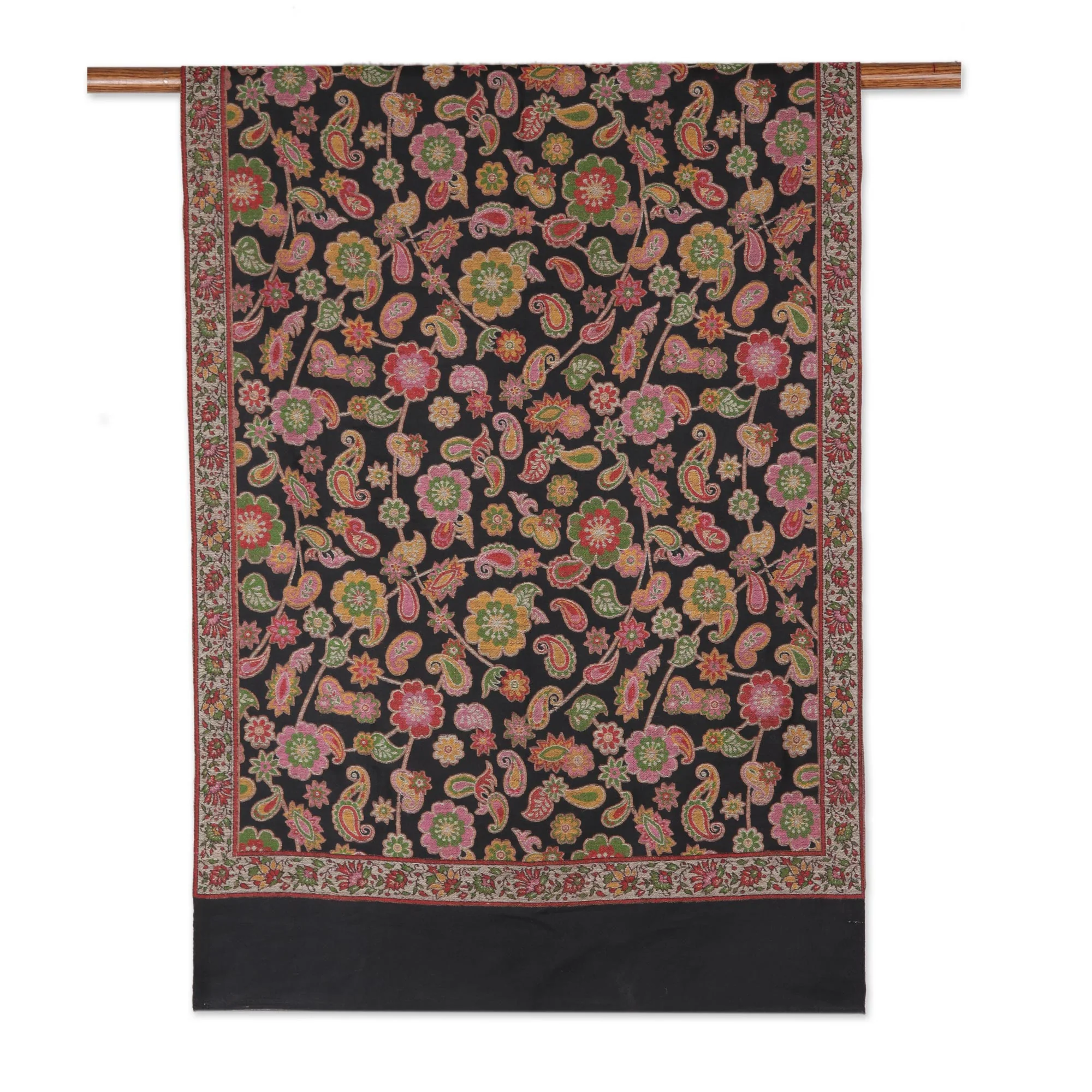 Midnight Garden Floral Wool Shawl in Black from India - Image 4