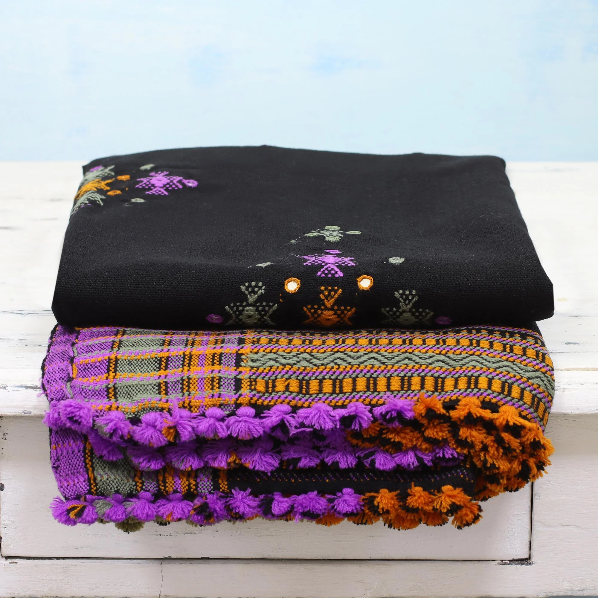 Midnight Mirror Handwoven Throw Blanket with Glass Accents from India - Image 3