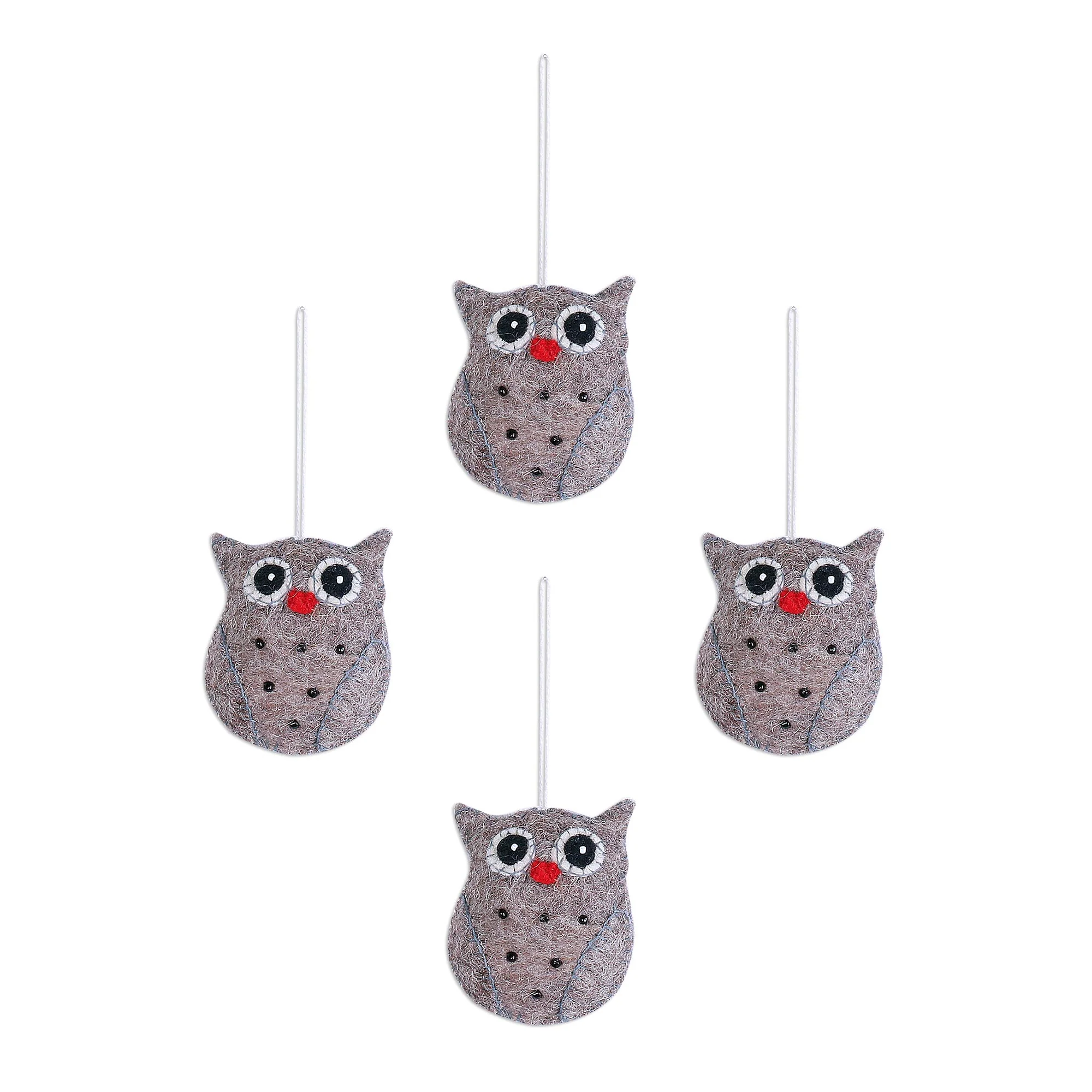 Midnight Quartet Set of Four Handcrafted Wool Owl Ornaments from India - Image 2