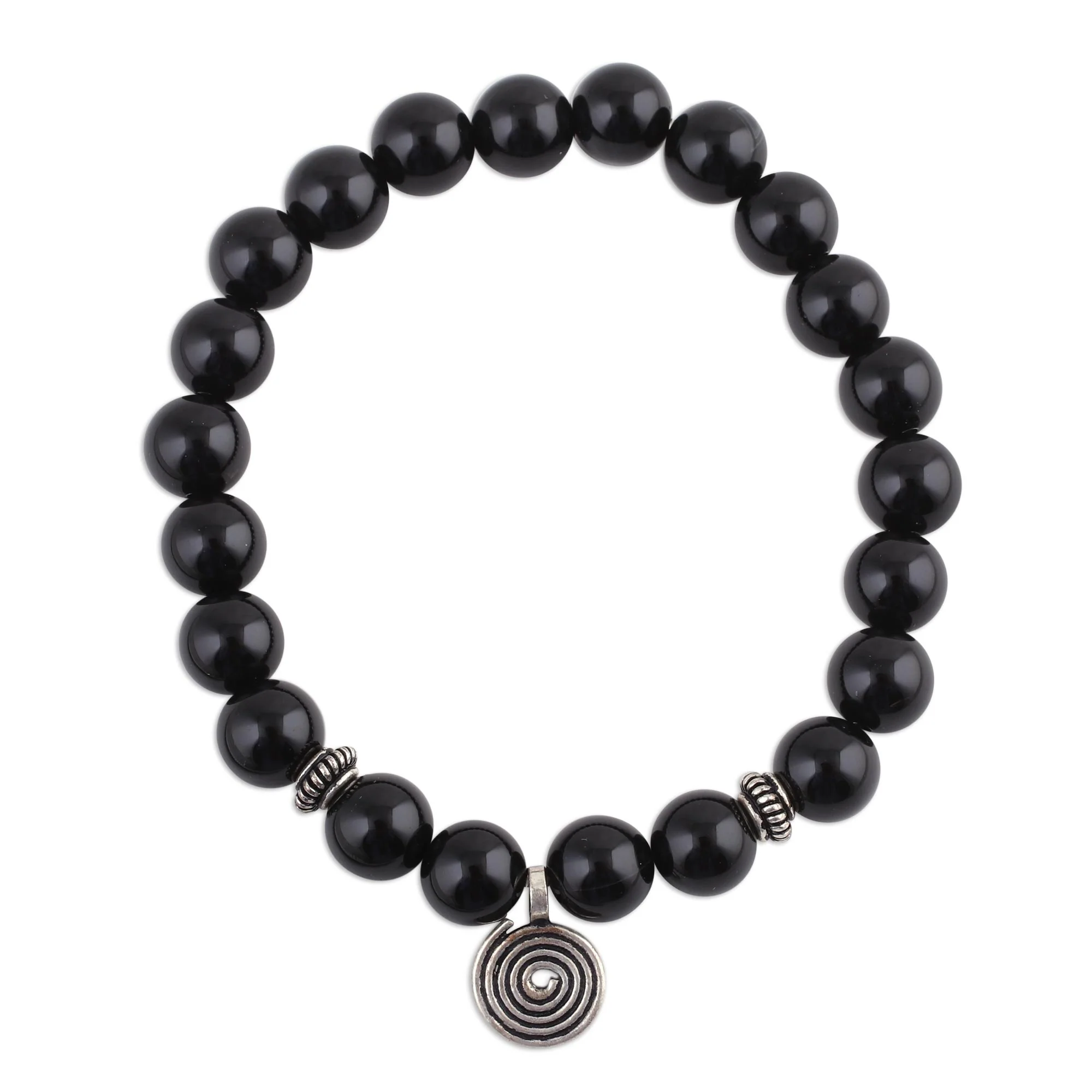 Midnight Swirl Onyx and Silver Beaded Stretch Bracelet from India - Image 2