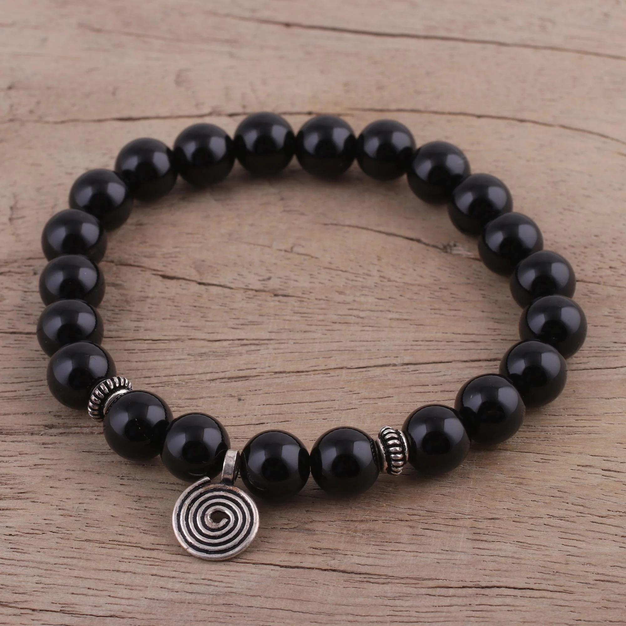 Midnight Swirl Onyx and Silver Beaded Stretch Bracelet from India - Image 3