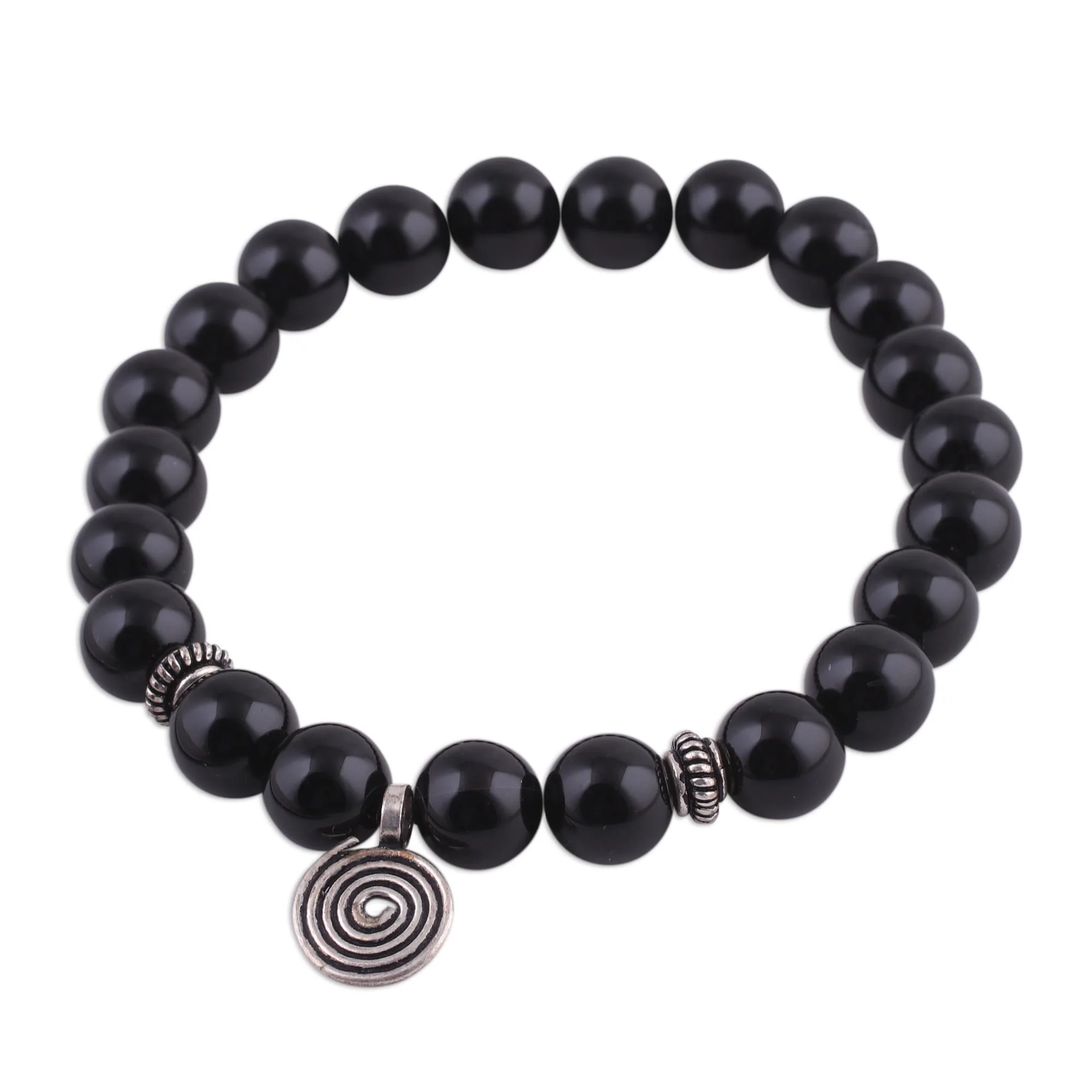 Midnight Swirl Onyx and Silver Beaded Stretch Bracelet from India - Image 4