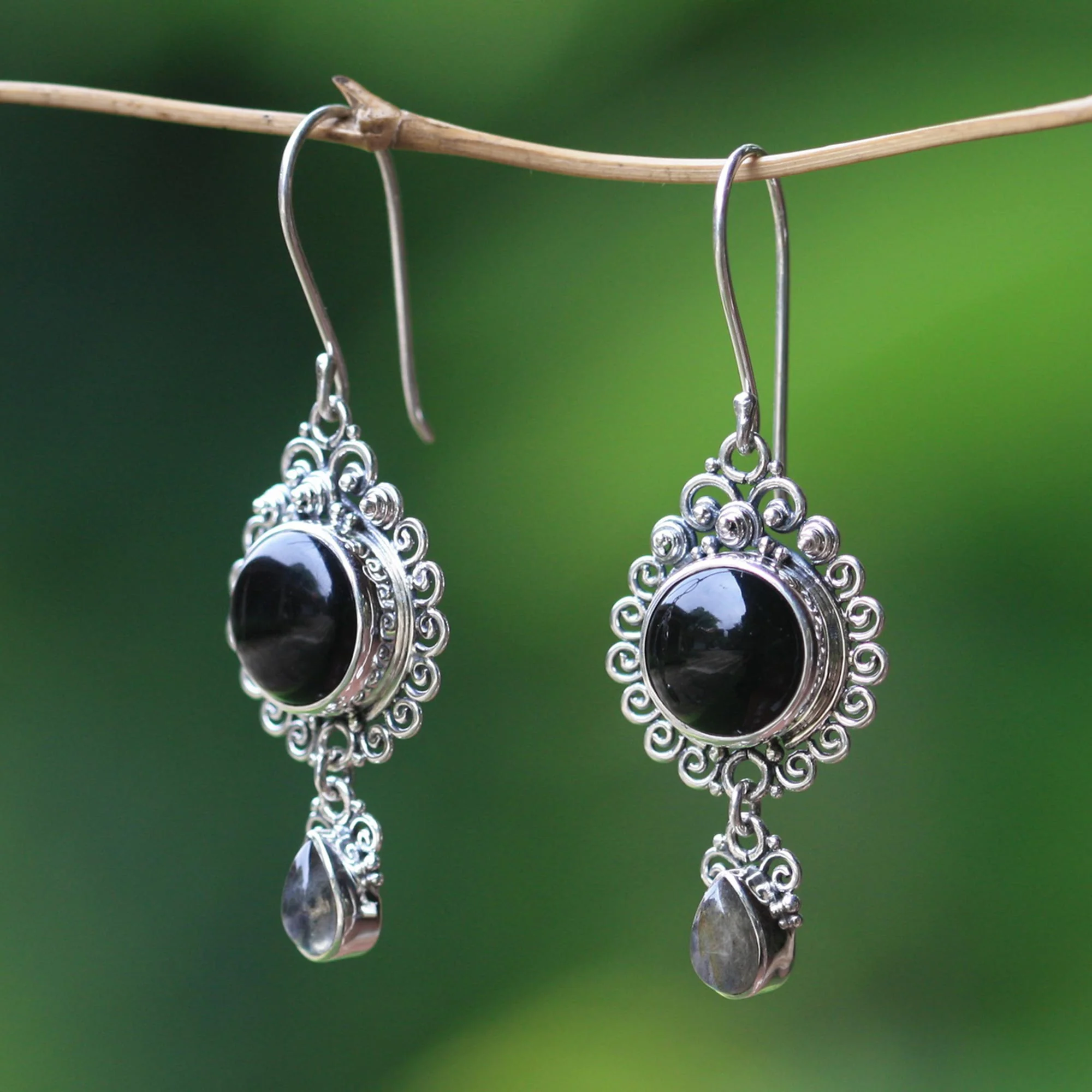 Midnight Tears Indonesian Sterling Silver Onyx Dangle Earrings - Image 3
