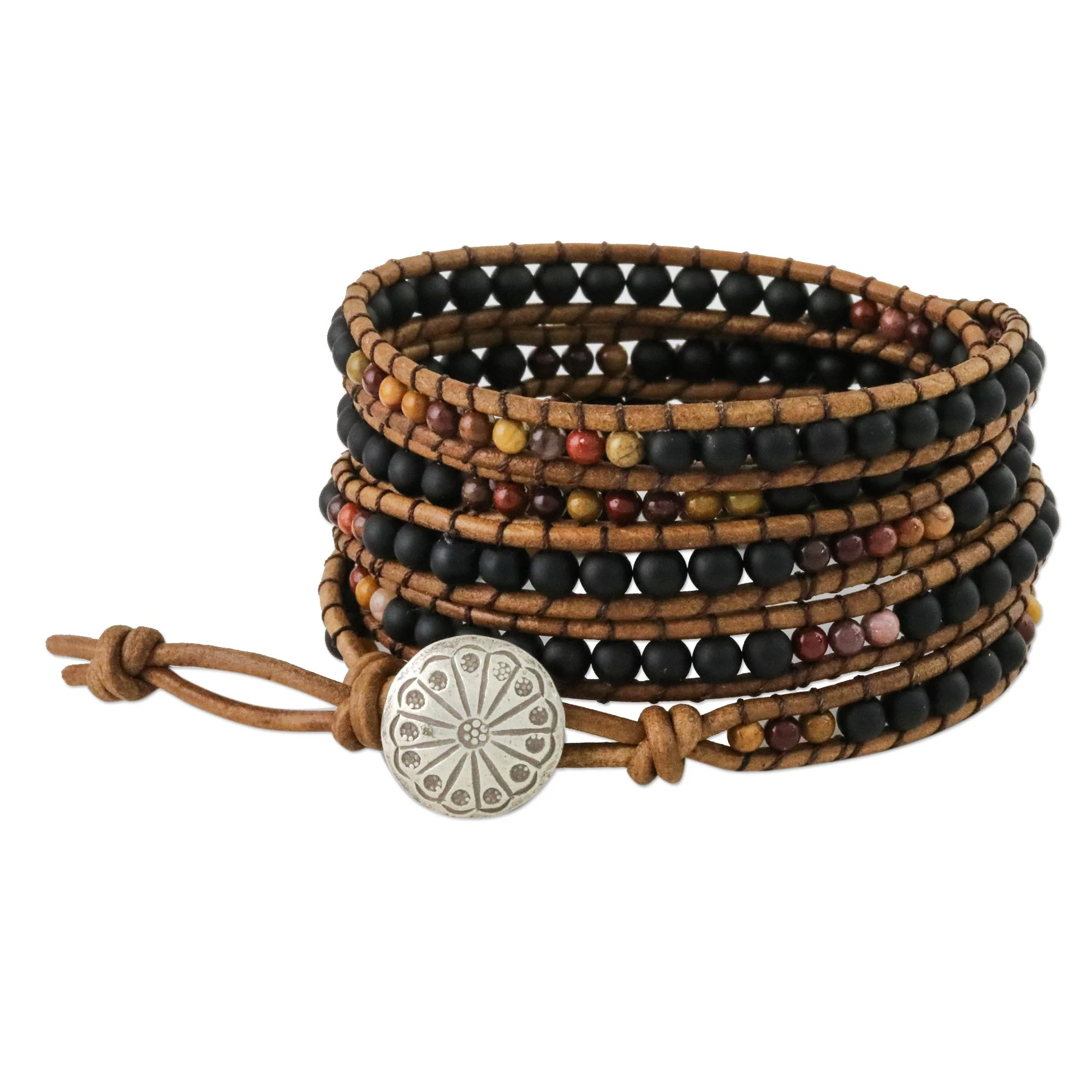 Midnight Walk Jasper and Glass Beaded Wrap Bracelet from Thailand - Image 2