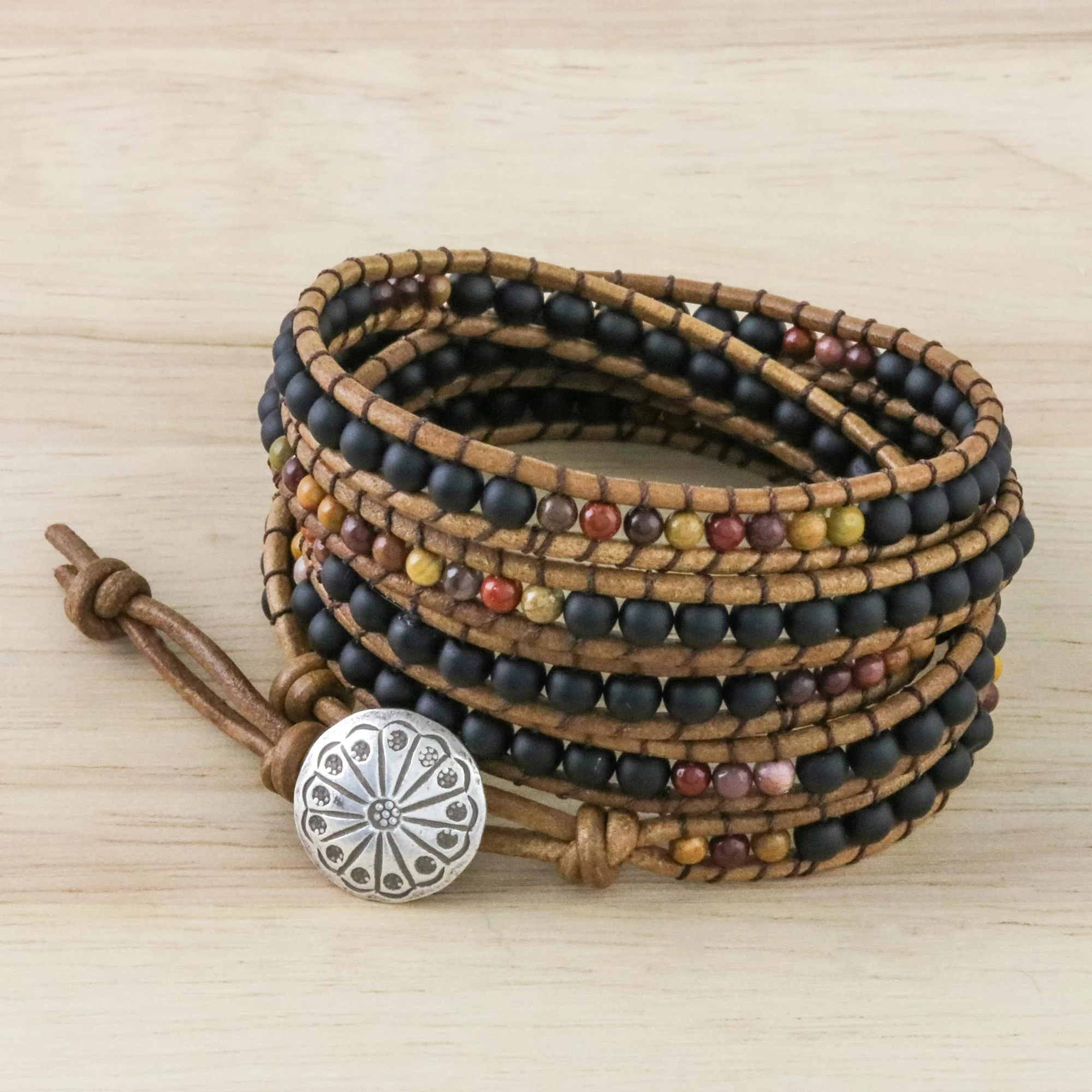 Midnight Walk Jasper and Glass Beaded Wrap Bracelet from Thailand - Image 4