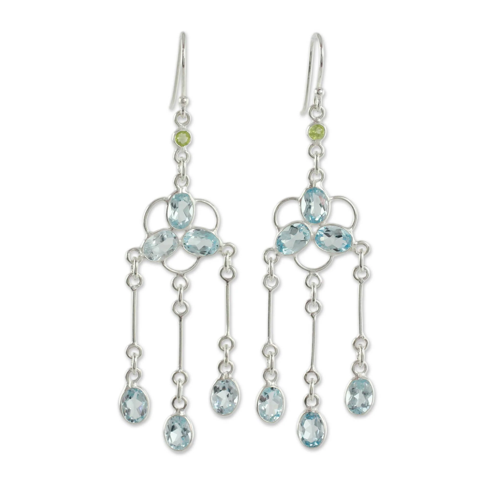 Midsummer Light Blue Topaz and Peridot Silver Chandelier Earrings - Image 2