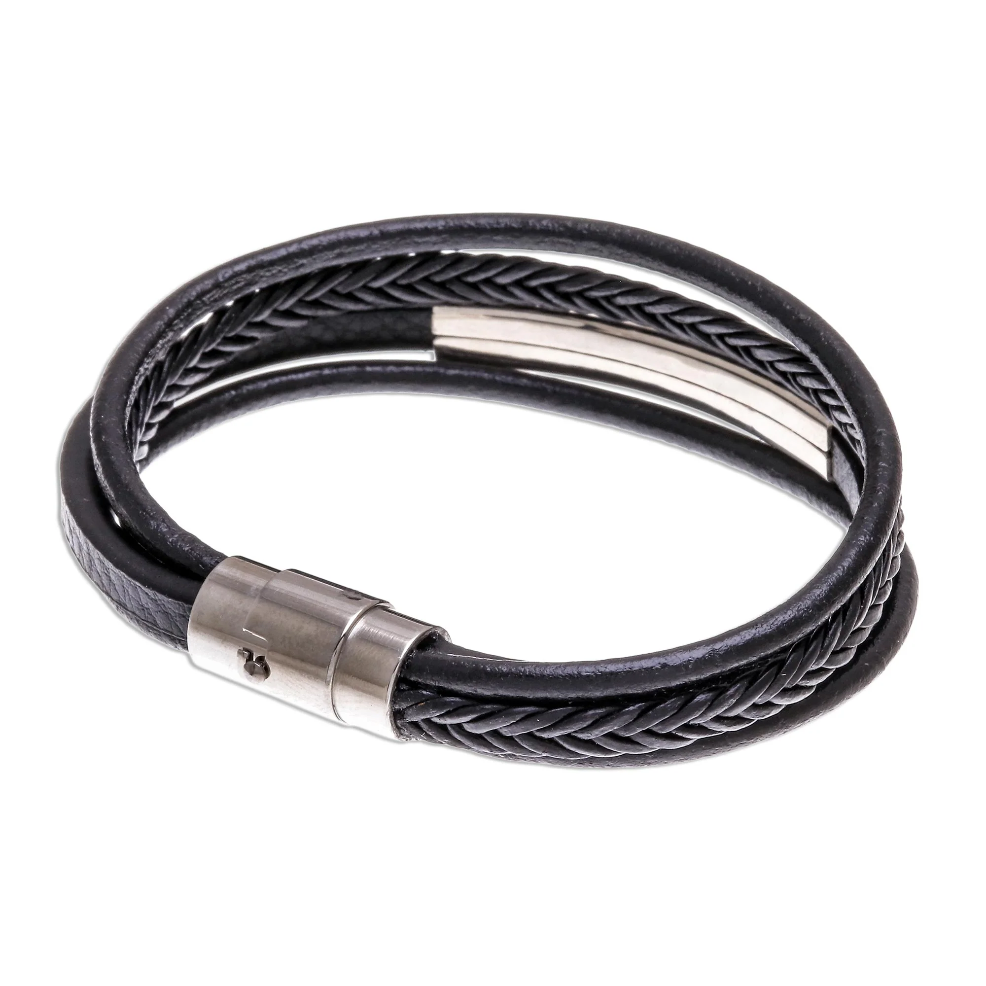 Mighty Strength in Black Leather Strand Bracelet in Black from Thailand - Image 5