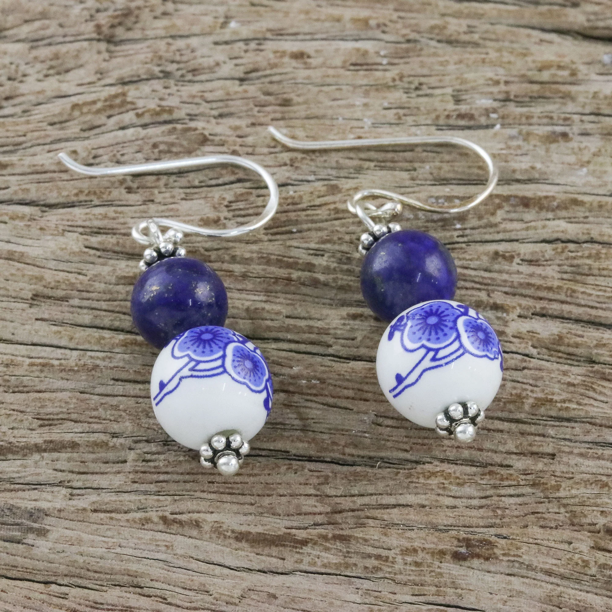 Ming Lotus Artisan Handmade 925 Sterling Silver Lapis Lazuli Earrings - Image 3