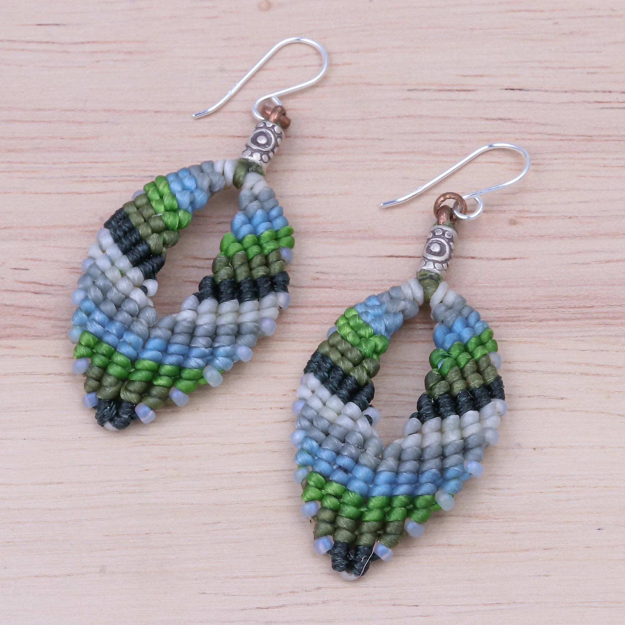 Mini Boho in Blue-Green Macrame and Bead Dangle Earrings - Image 3