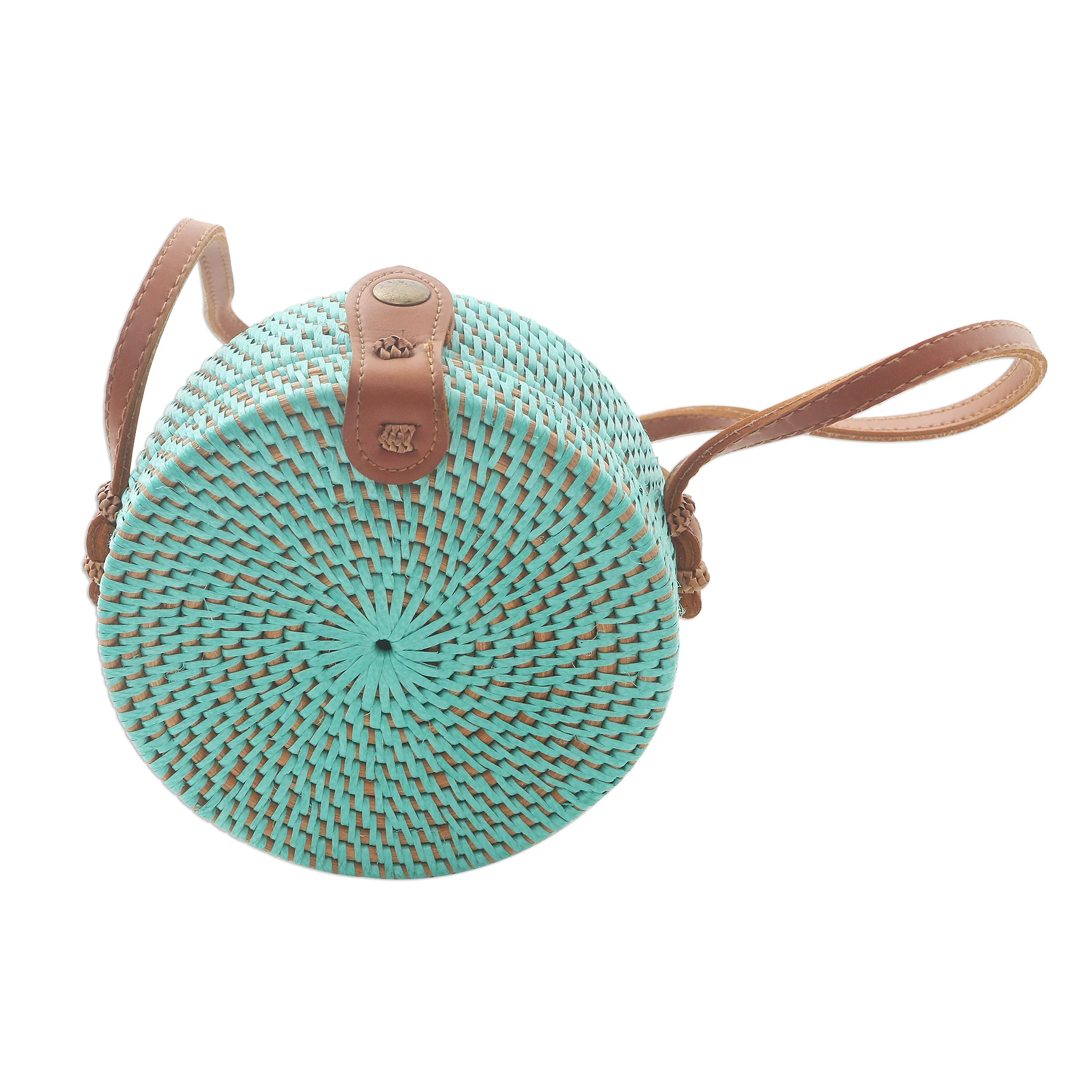 Mint Lombok Circle Handwoven Mint Bamboo Shoulder Bag with Faux Leather Strap - Image 2