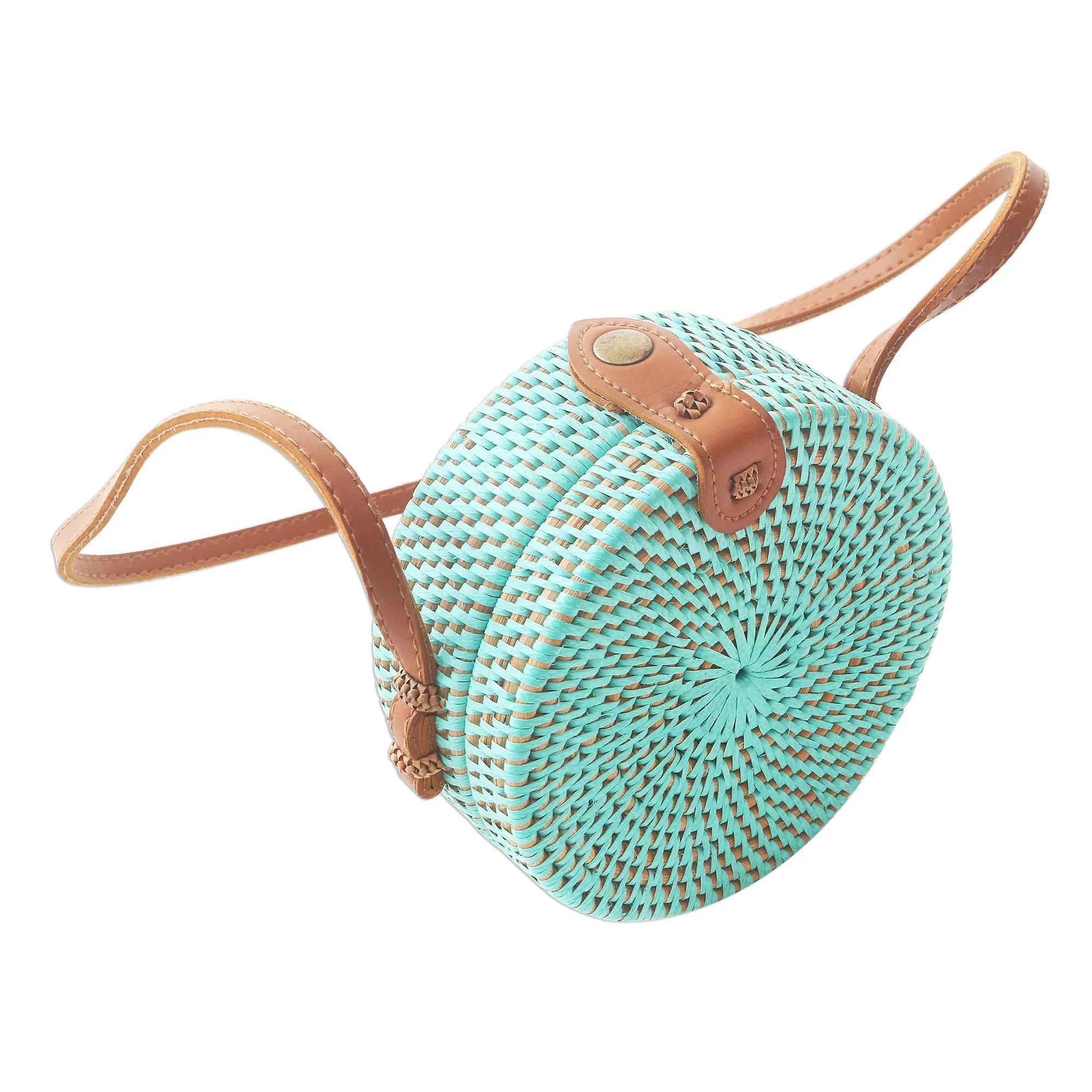 Mint Lombok Circle Handwoven Mint Bamboo Shoulder Bag with Faux Leather Strap - Image 4