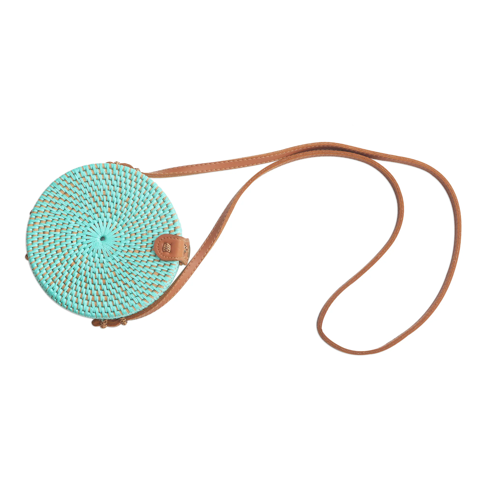 Mint Lombok Circle Handwoven Mint Bamboo Shoulder Bag with Faux Leather Strap - Image 5