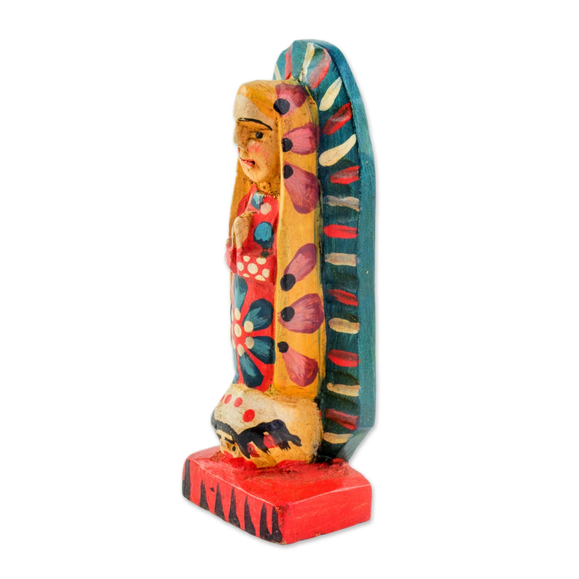 Miracle of Guadalupe Hand Painted Pinewood Virgin Figurine from Guatemala - Image 3