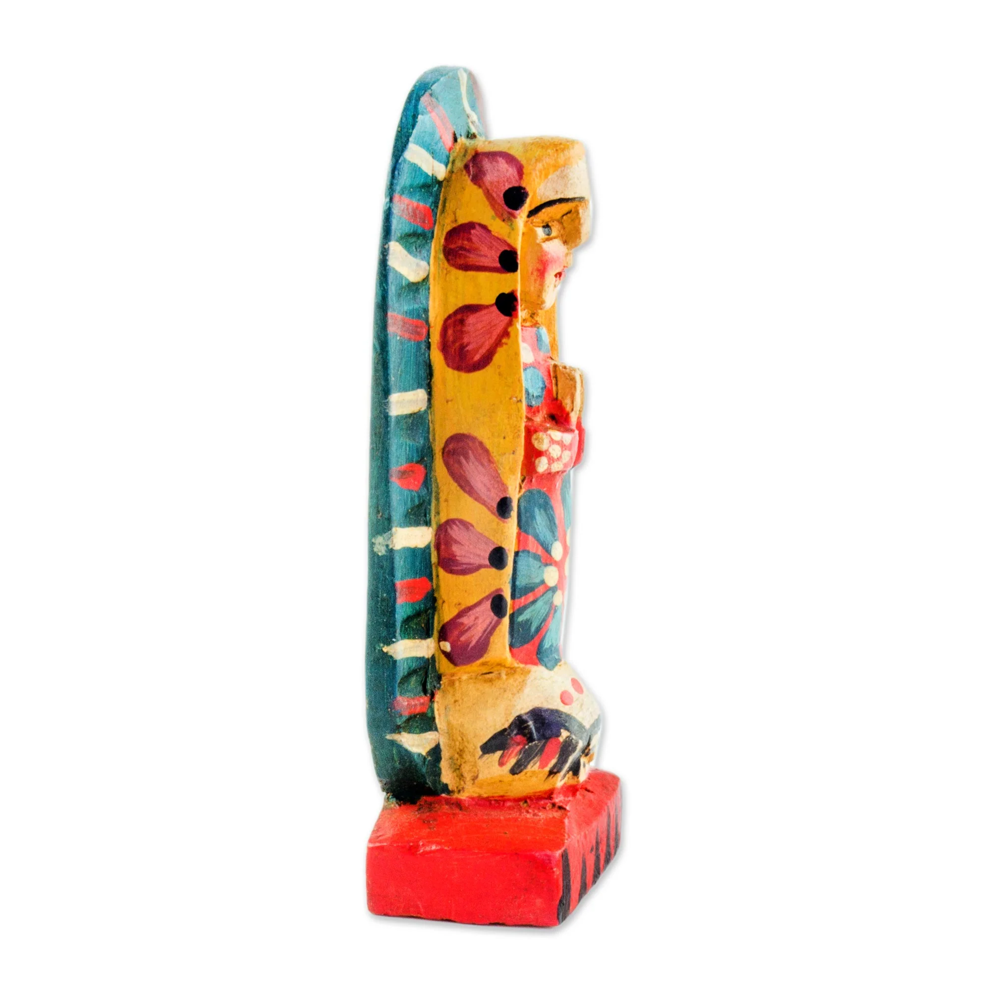 Miracle of Guadalupe Hand Painted Pinewood Virgin Figurine from Guatemala - Image 4