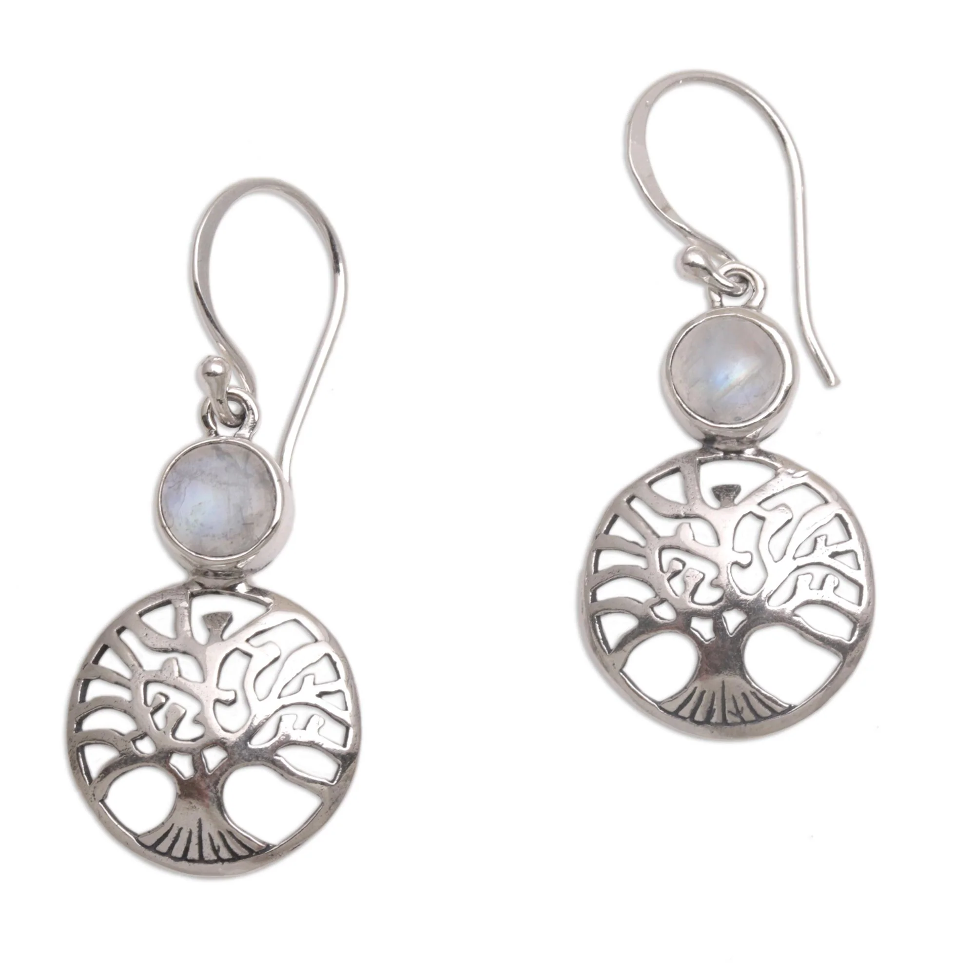Misty Branches Rainbow Moonstone Tree Dangle Earrings from Bali - Image 2