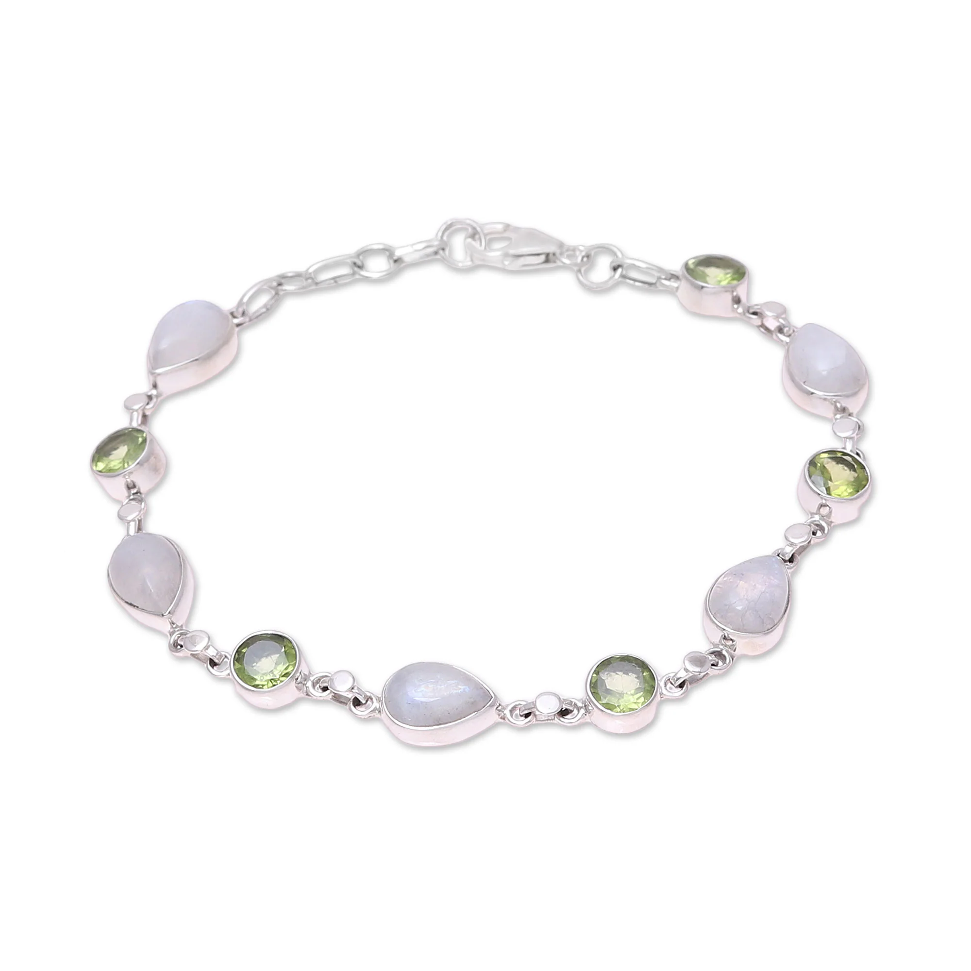 Misty Forest Sterling Silver Rainbow Moonstone and Peridot Link Bracelet - Image 4