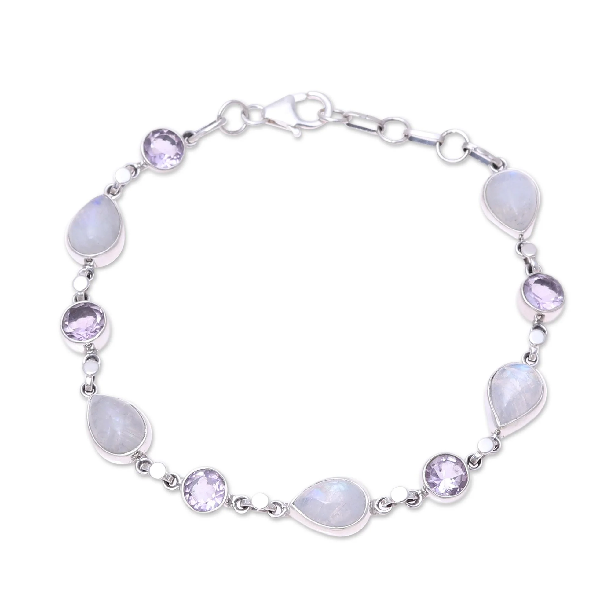 Misty Lilac Handmade Amethyst Rainbow Moonstone Link Bracelet from India - Image 2