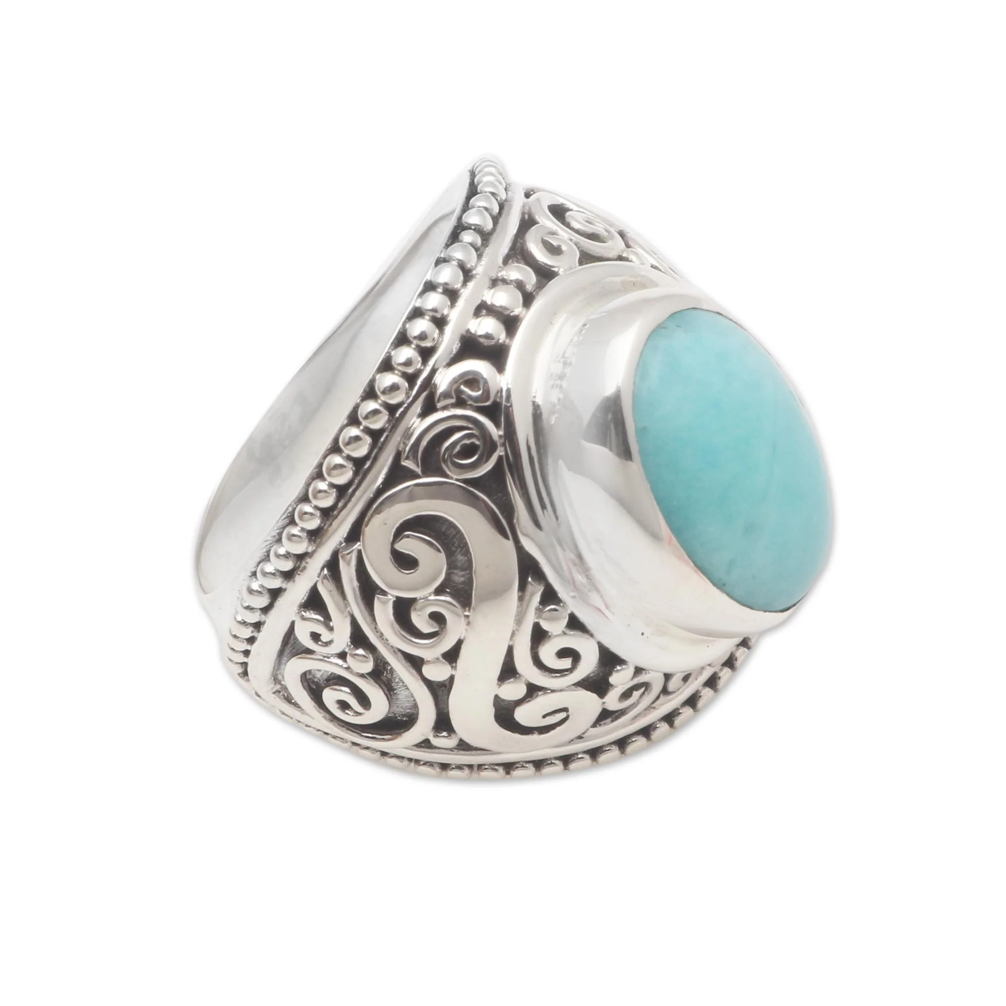 Misty Temple Oval Amazonite Sterling Silver Scroll Motif Cocktail Ring - Image 5