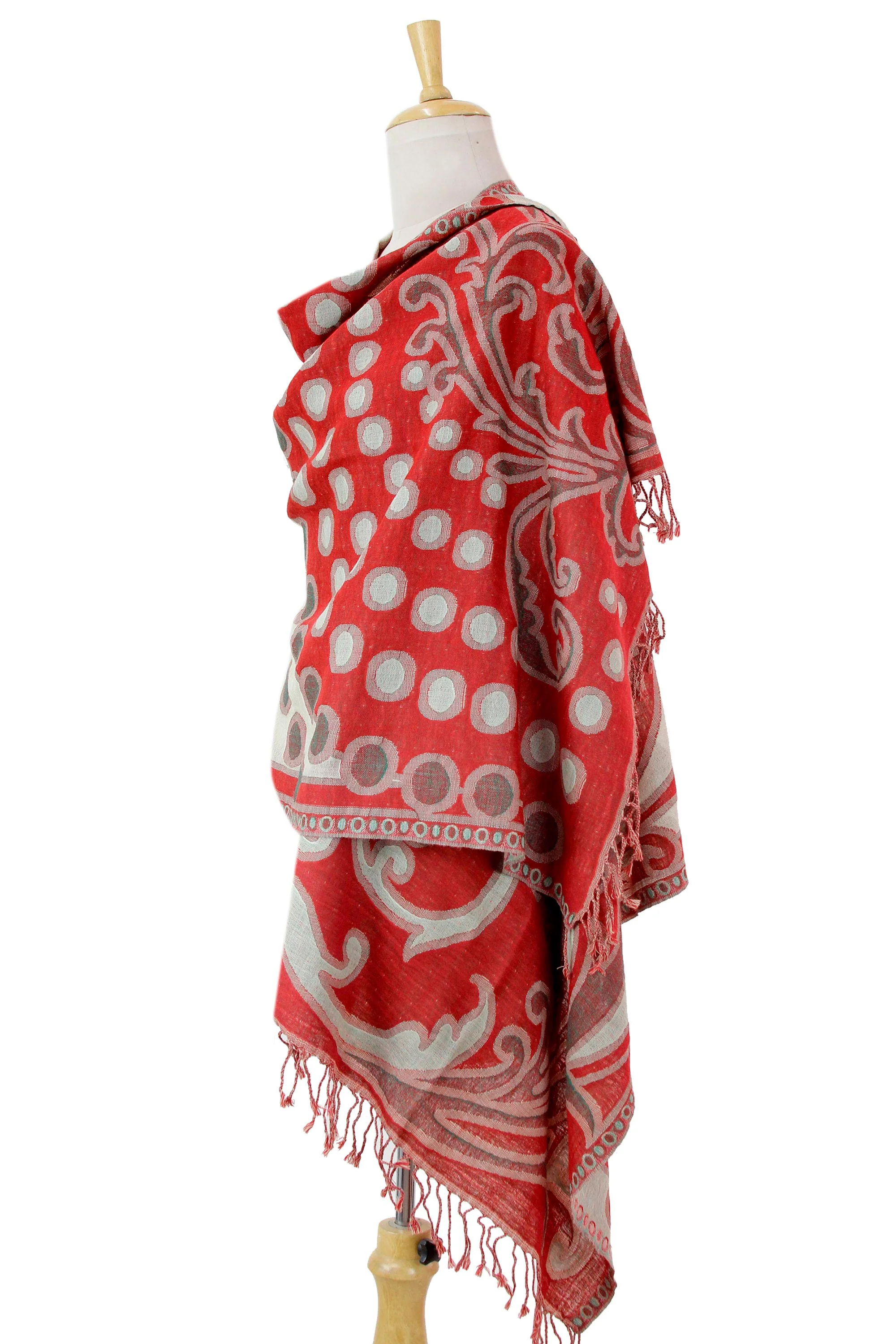 Modern Red Jamawar Red and Beige Modern Wool Shawl from India - Image 4