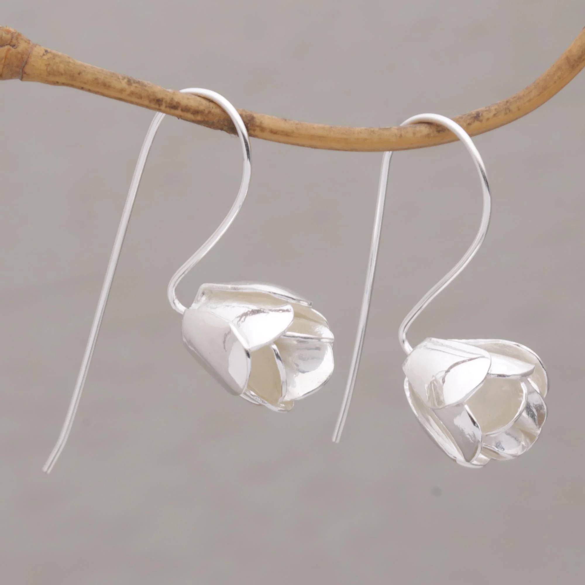 Modest Primrose Floral Drop Earrings in Sterling Silver from Bali - Image 3
