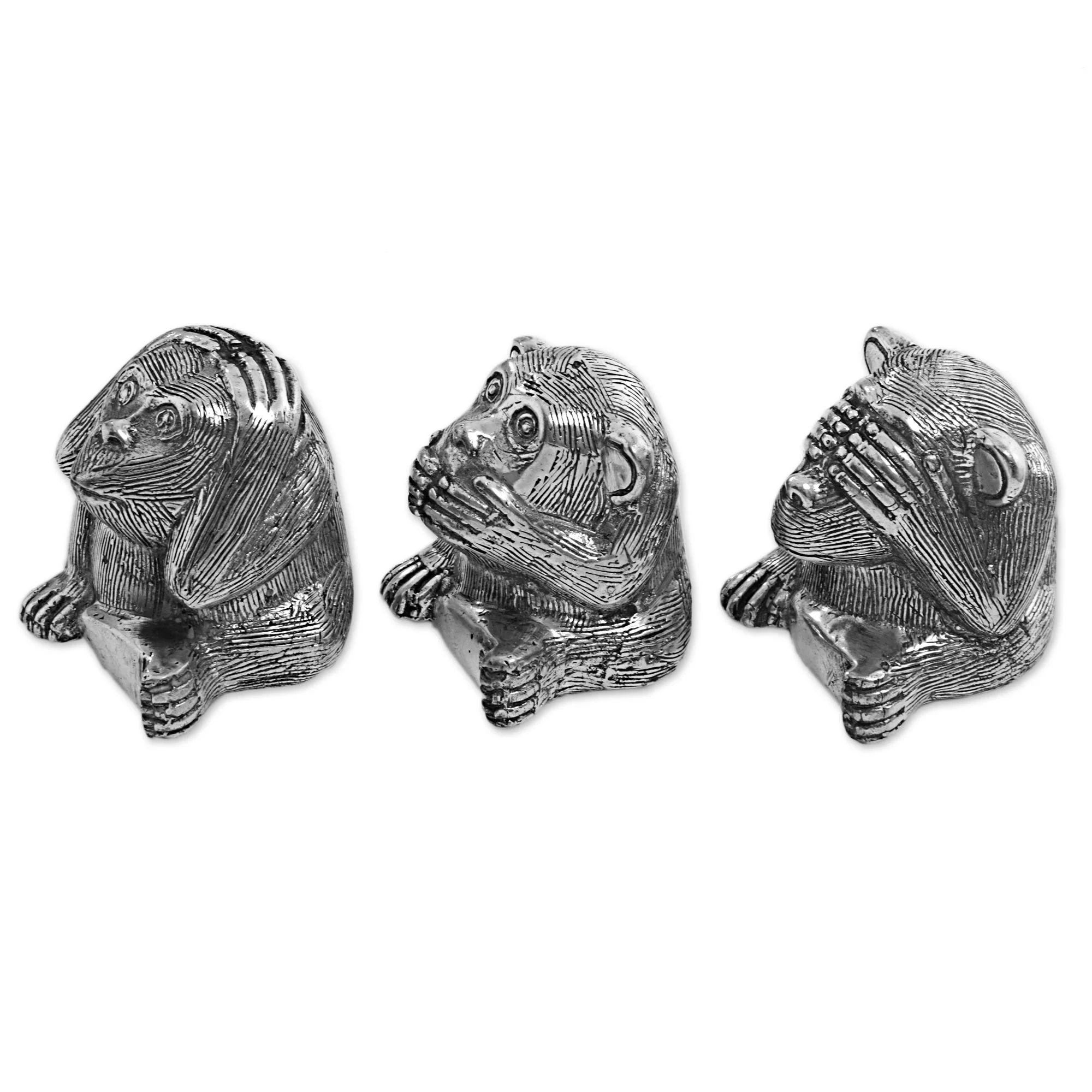 Monkeys of Wisdom Silver Colored Bronze Monkey Figurines (Set of 3) Indonesia - Image 4
