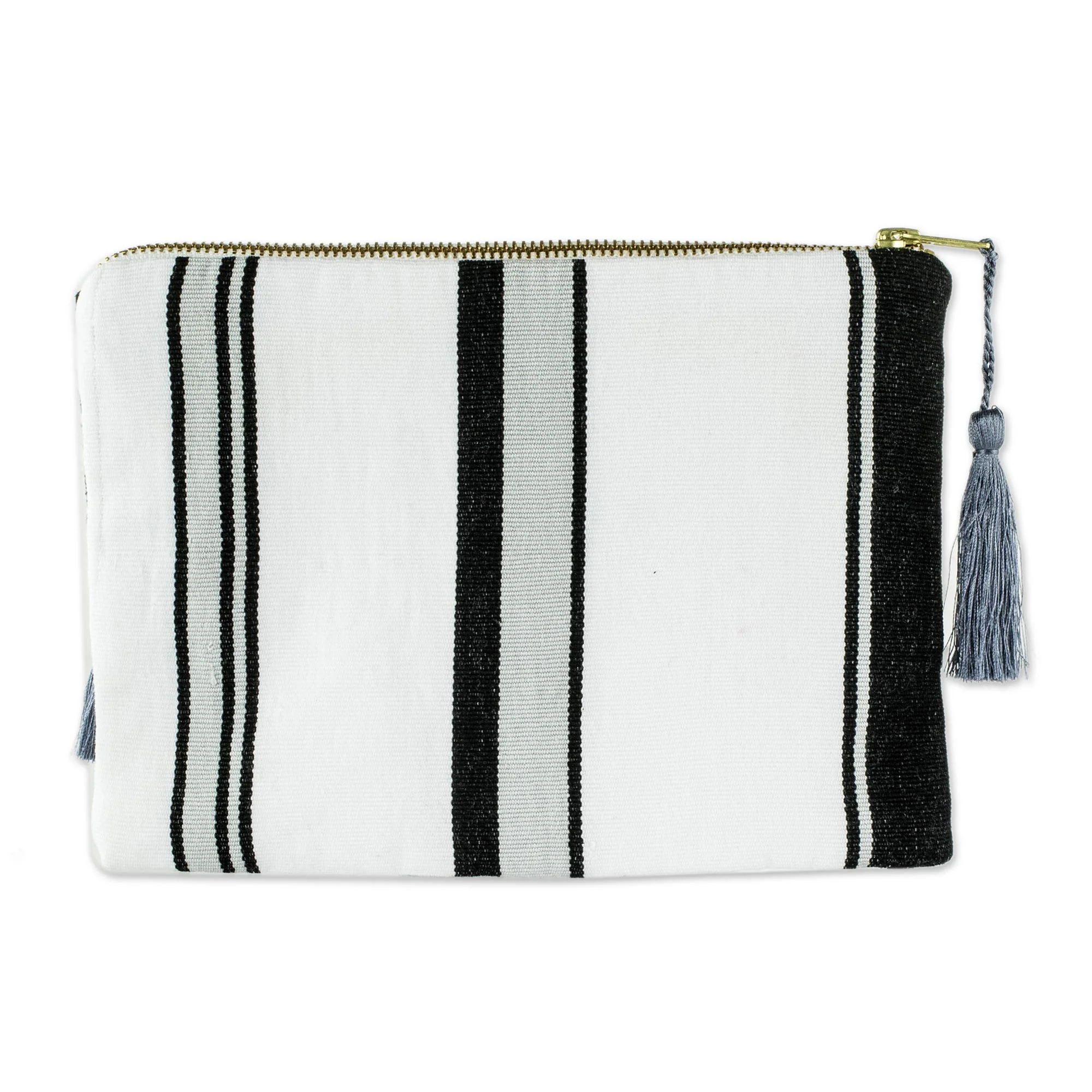 Monochrome Zigzags Black & Grey Embroidered White Cotton Cosmetic Bag - Image 4