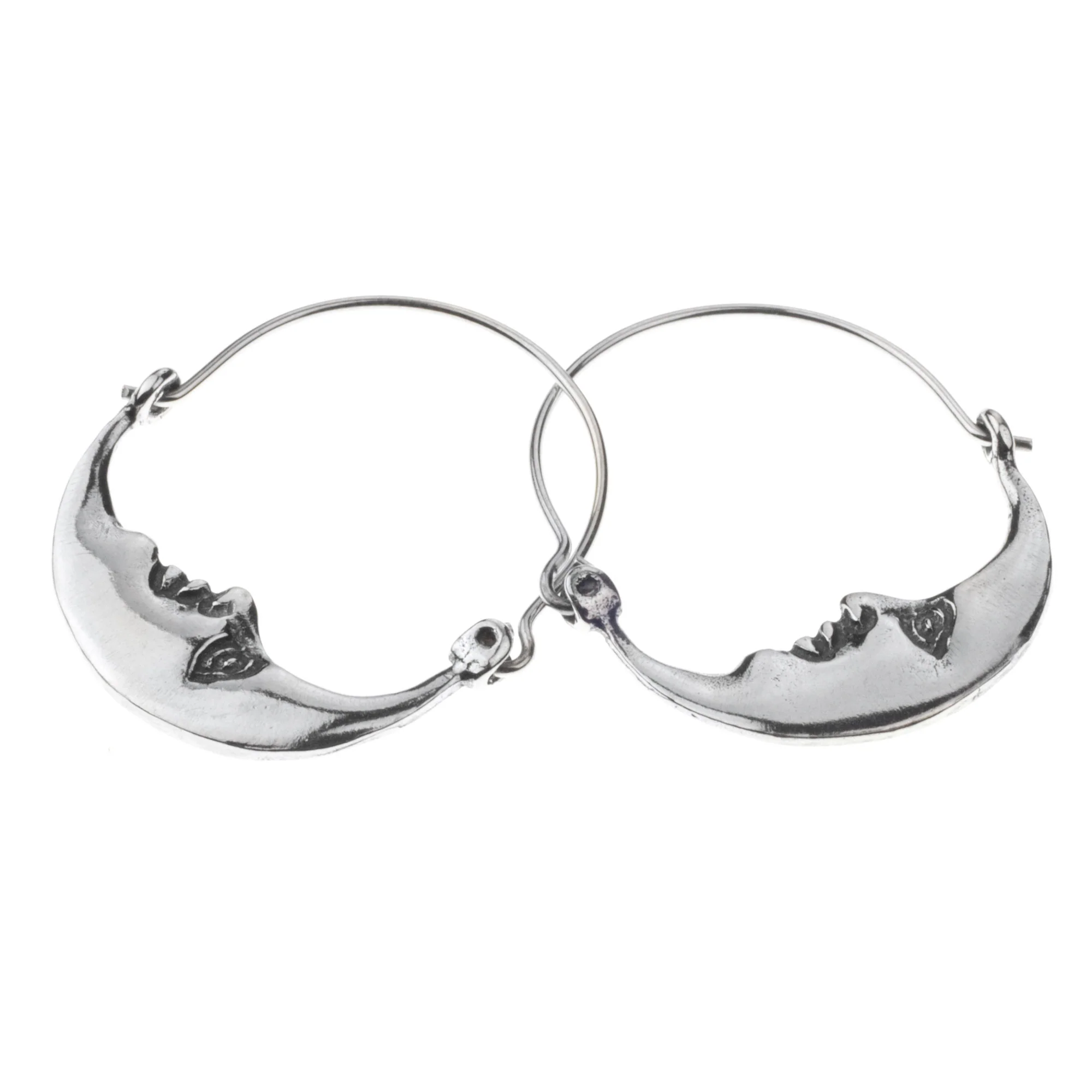 Moon at Rest Vintage Style Handcrafted Silver Crescent Moon Hoop Earrings - Image 3