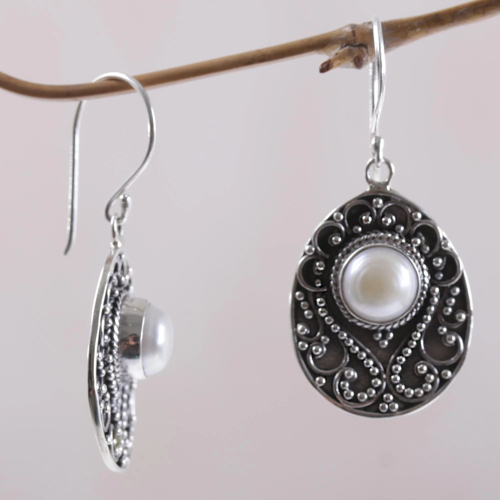 Moon Curves Cultured Mabe Pearl and Sterling Silver Dangle Earrings - Image 3
