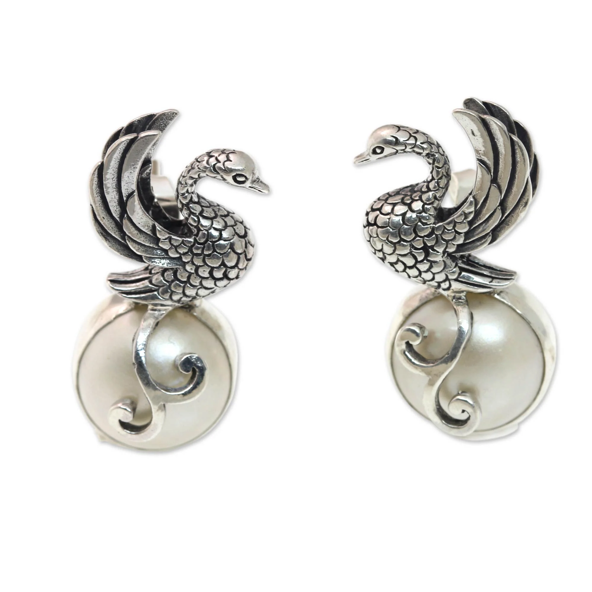 Moon Swan Swan Motif Cultured Pearl and Silver Drop Earrings - Image 2