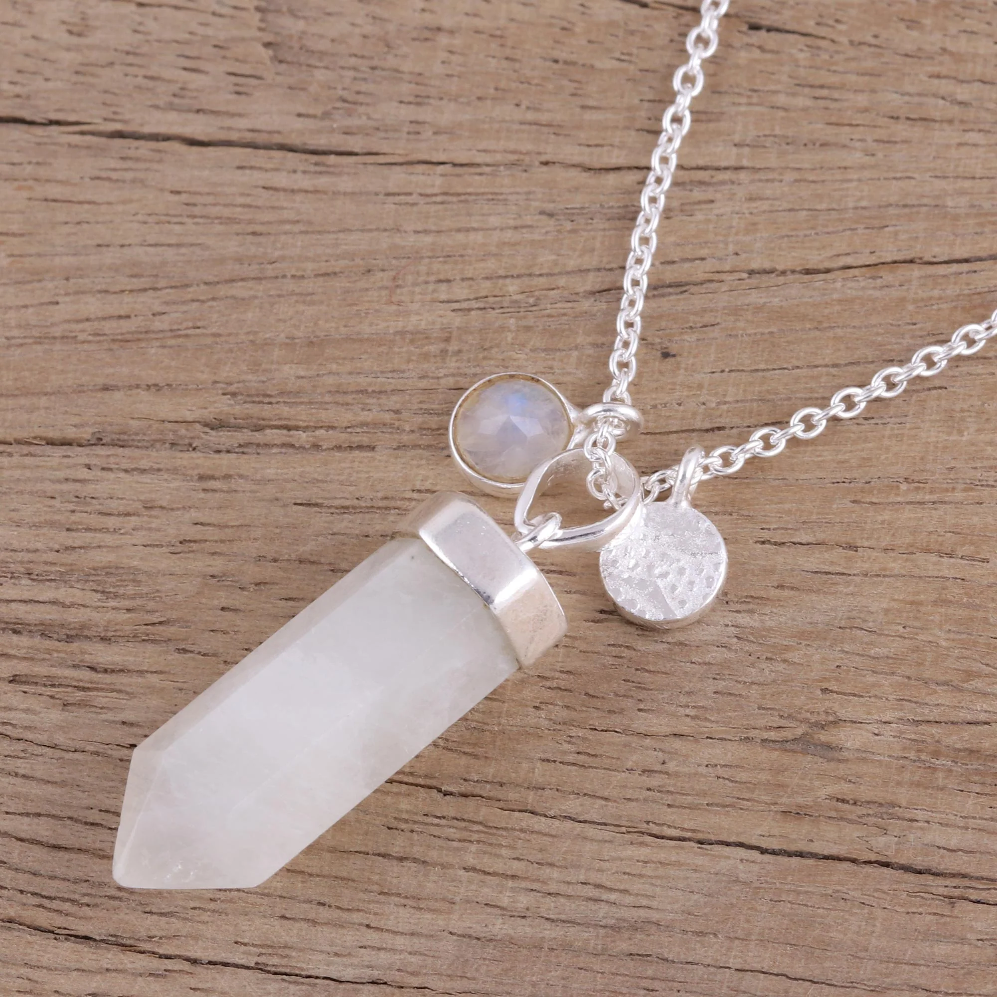 Moonlight Crystal Rainbow Moonstone Crystal Pendant Necklace from India - Image 3