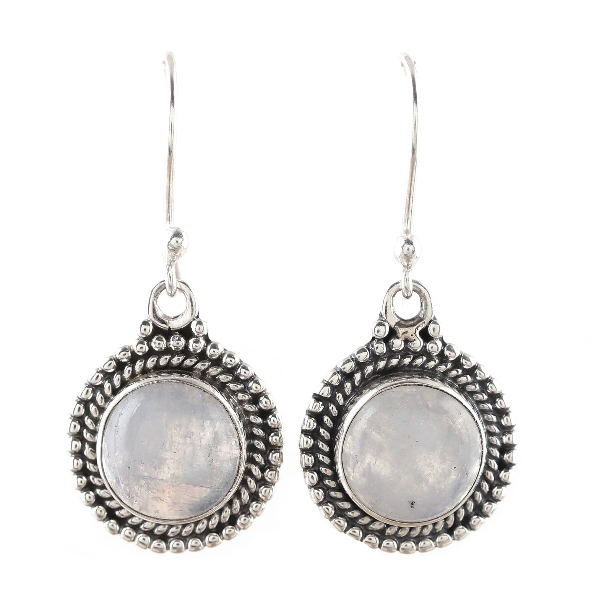 Moonlight Dots Round Rainbow Moonstone Dangle Earrings from India - Image 2