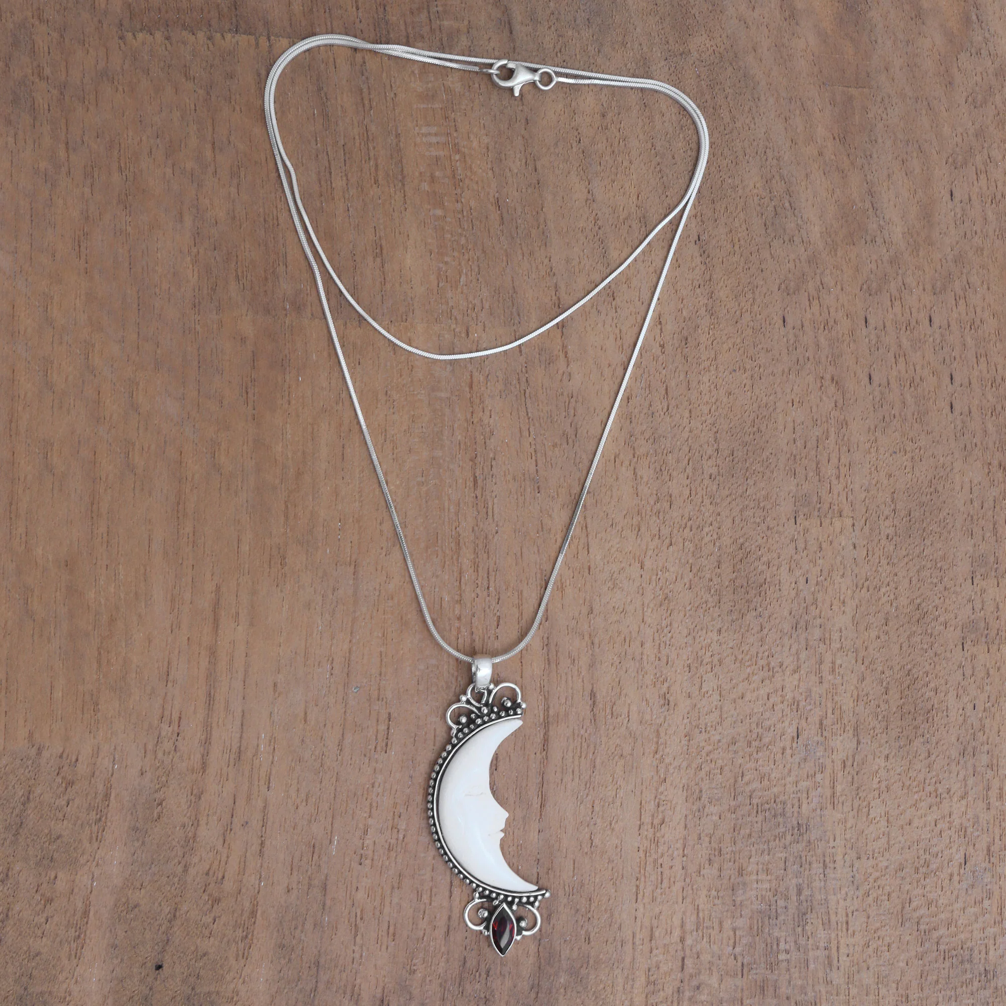 Moonlight Glimmer Garnet Silver & Cow Bone Pendant Necklace - Image 4