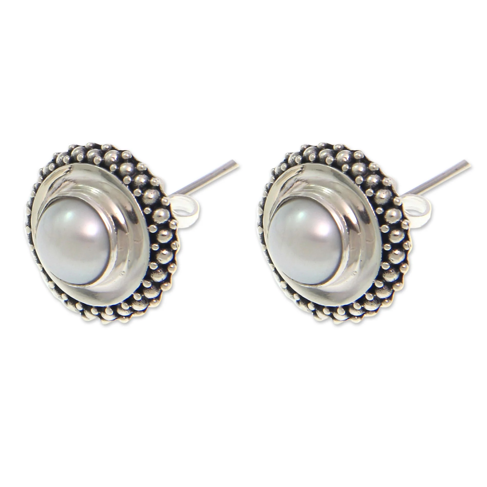 Moonlight Halo Handcrafted Sterling Silver and Pearl Button Earrings - Image 3