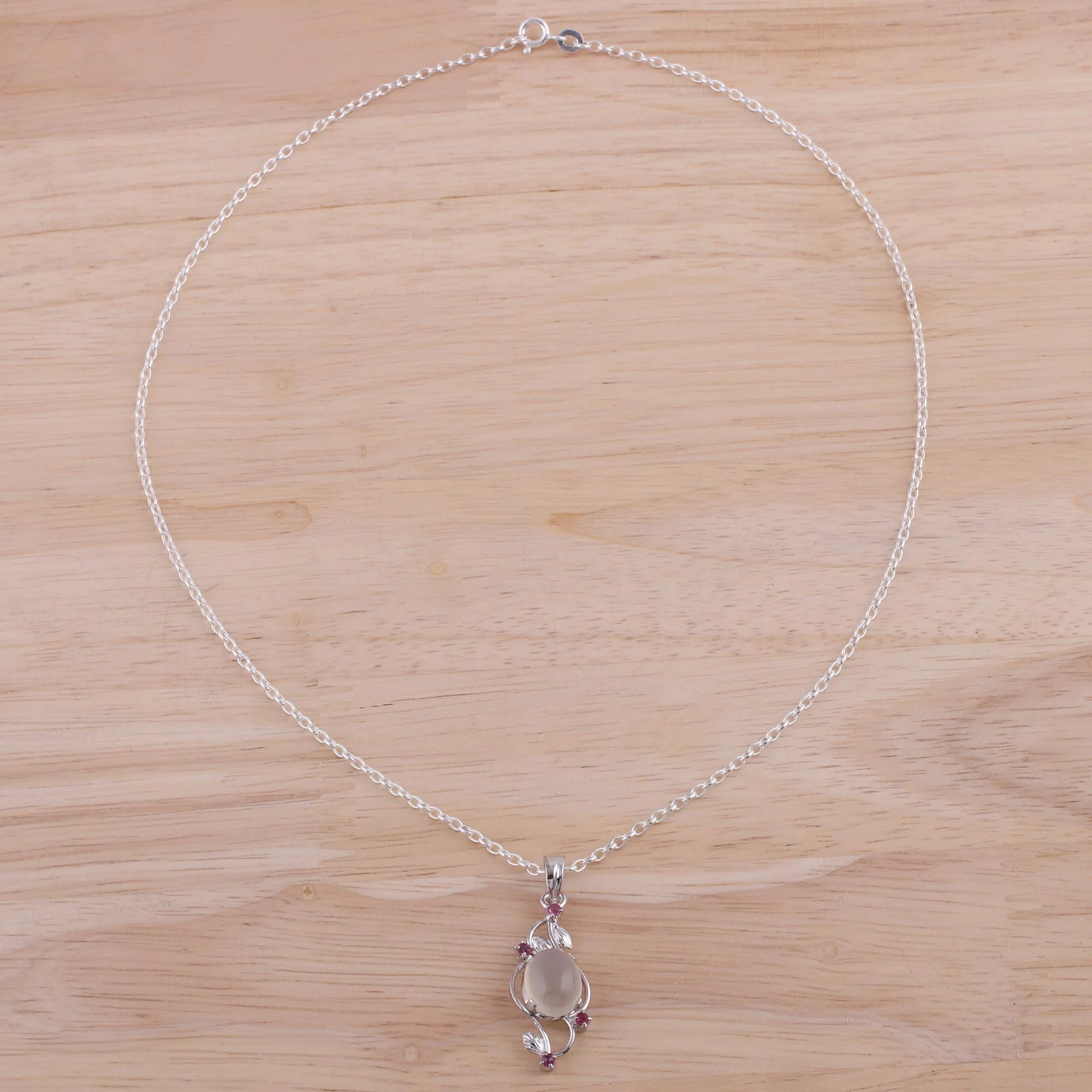 Moonlight Revel Moonstone and Ruby Sterling Silver Pendant Necklace - Image 3