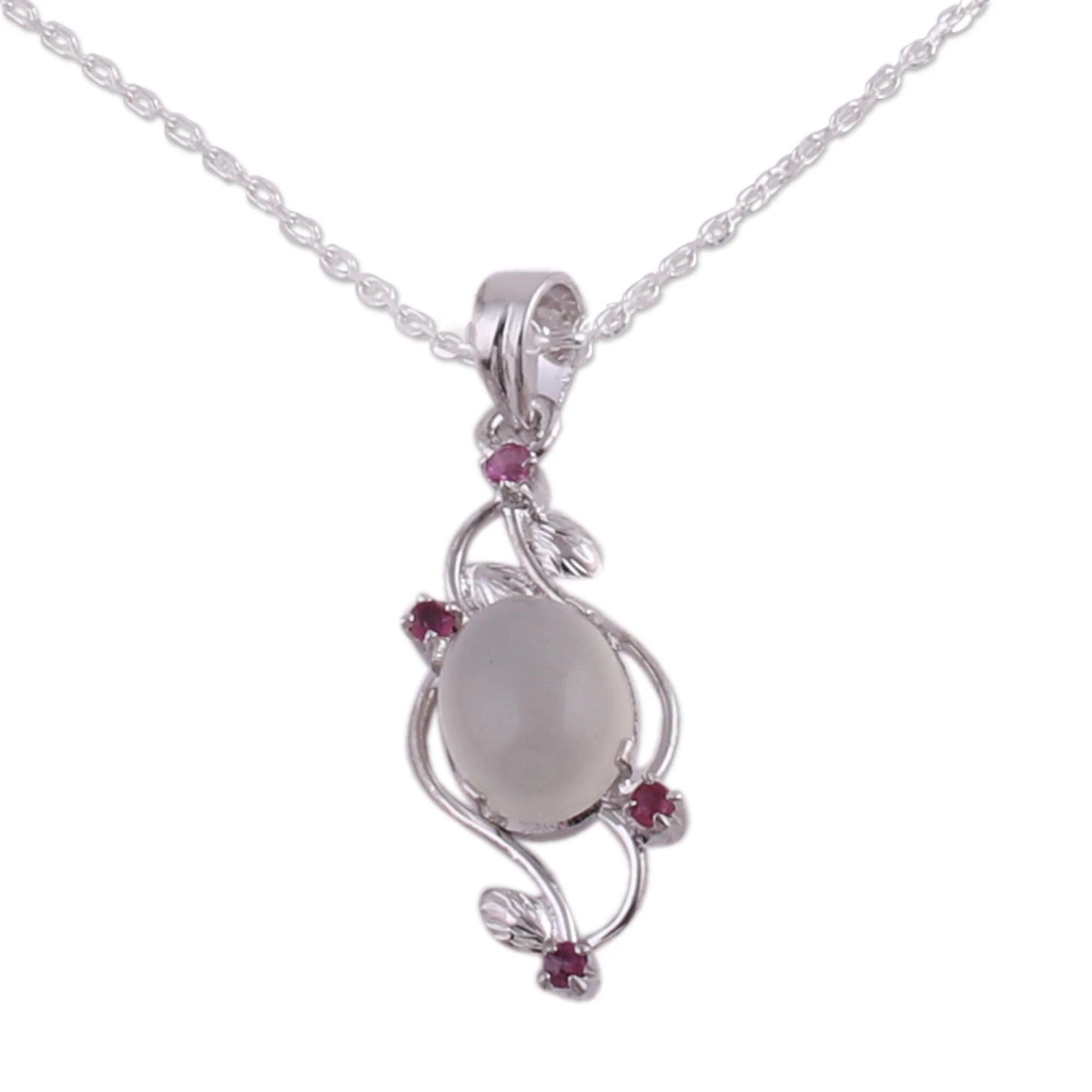 Moonlight Revel Moonstone and Ruby Sterling Silver Pendant Necklace - Image 4