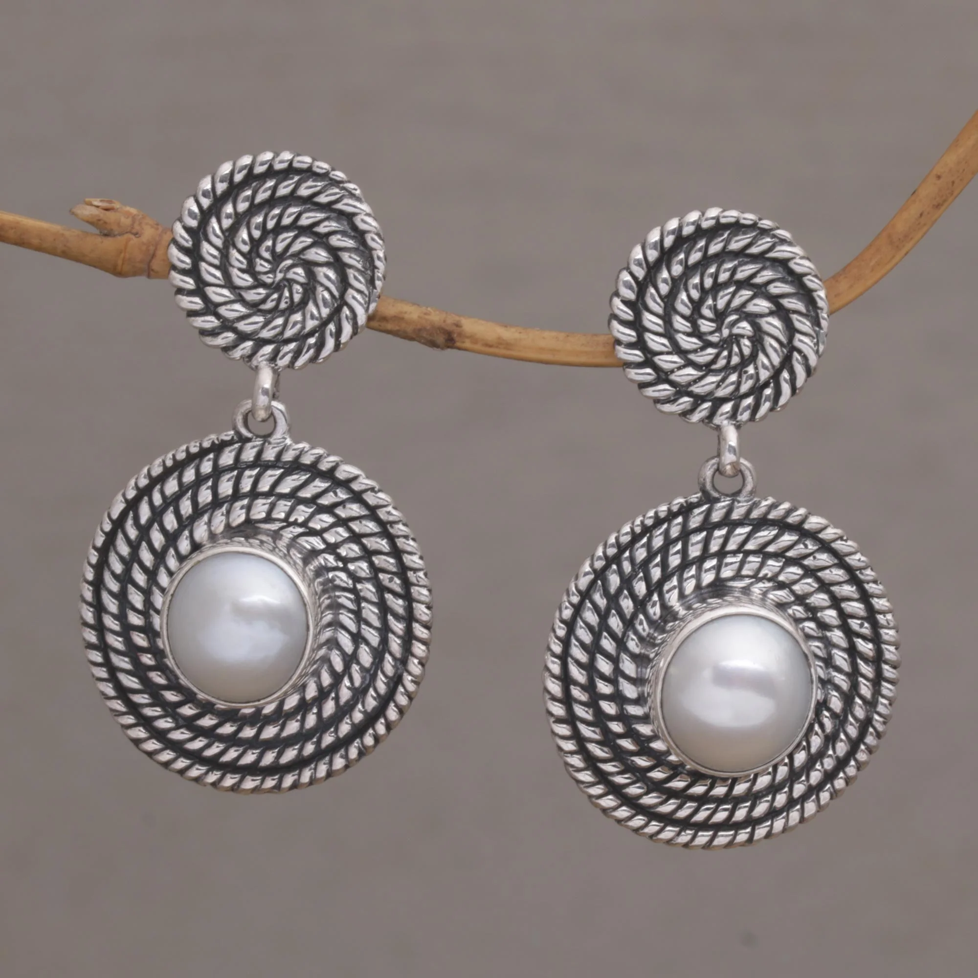 Moonlight Spirals Spiral Motif Cultured Pearl Dangle Earrings from Bali