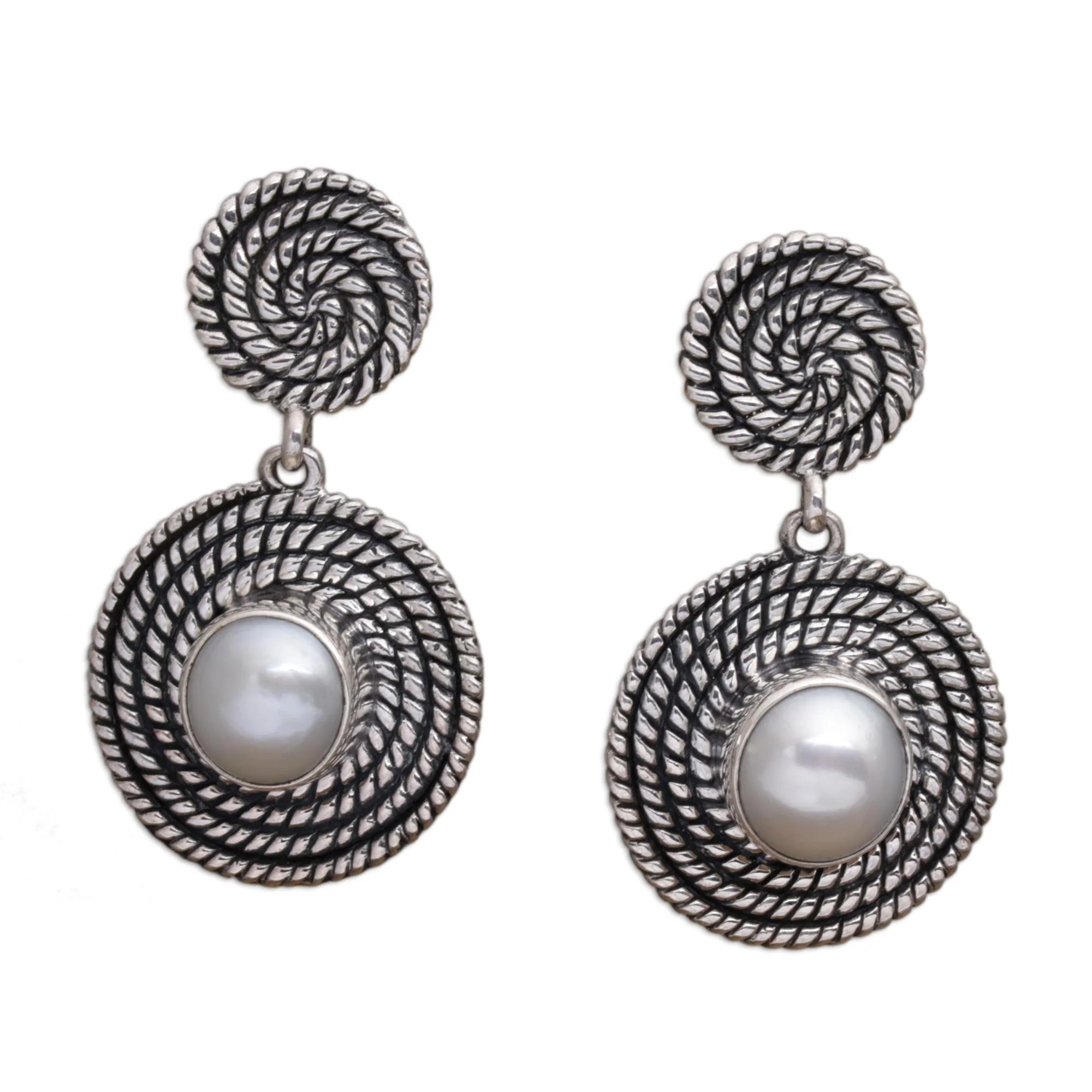 Moonlight Spirals Spiral Motif Cultured Pearl Dangle Earrings from Bali - Image 2