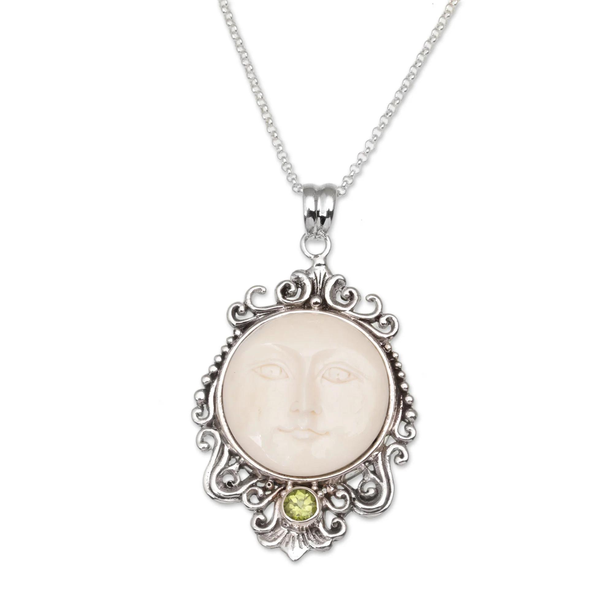 Moonlight Stare Peridot & Silver Bone Pendant Necklace - Image 2