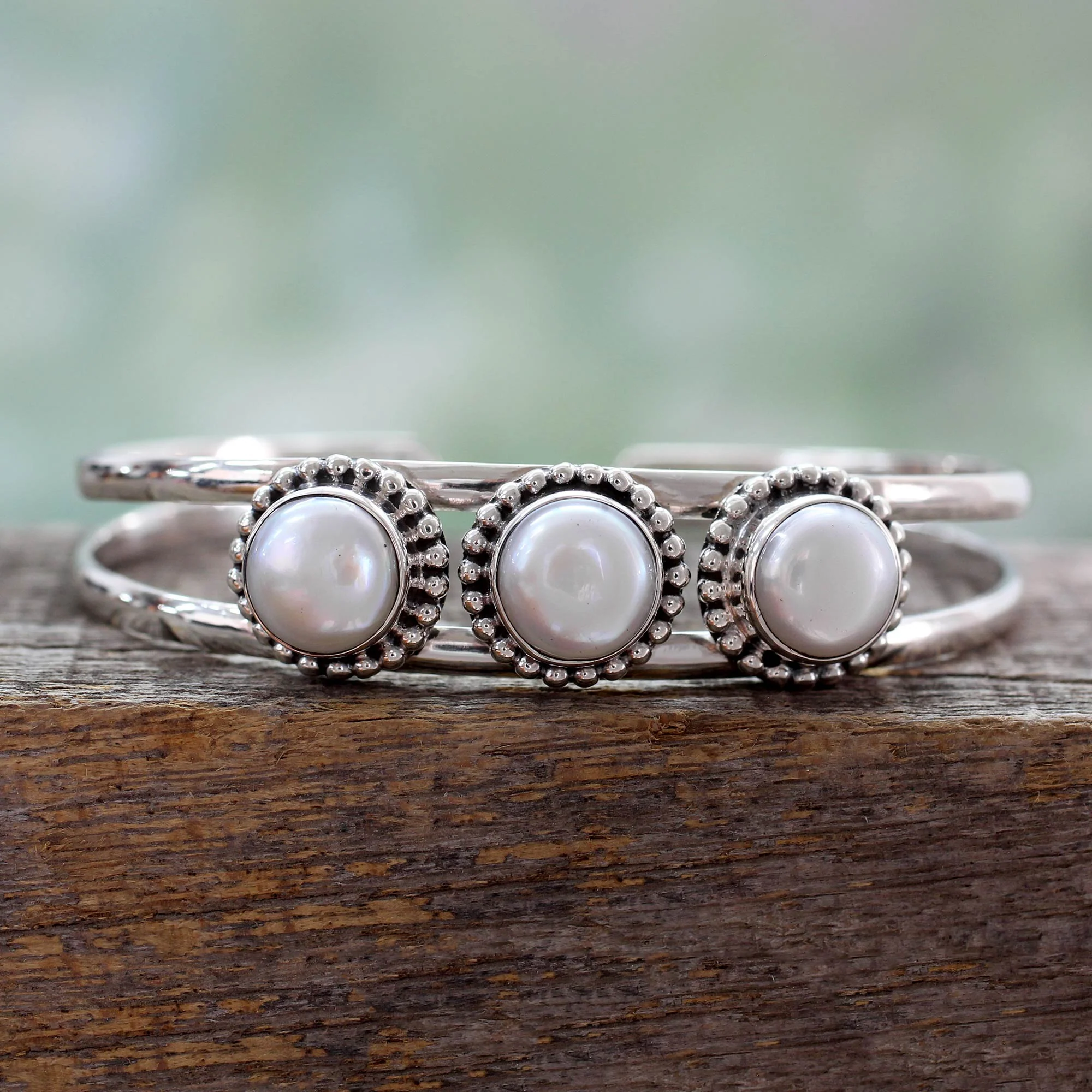 Moonlight Trio Hand Made Indian Sterling Silver Cuff Pearl Bracelet - Image 3