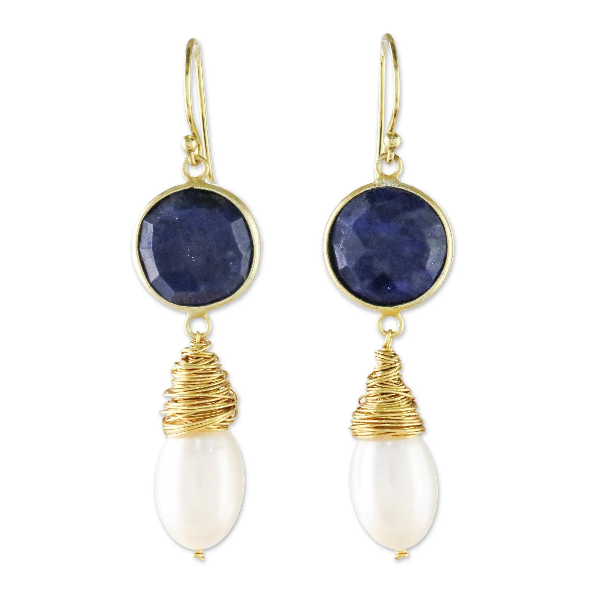 Moonlit Dawn Lapis & Pearl Gold-Plated Drop Earrings - Image 2