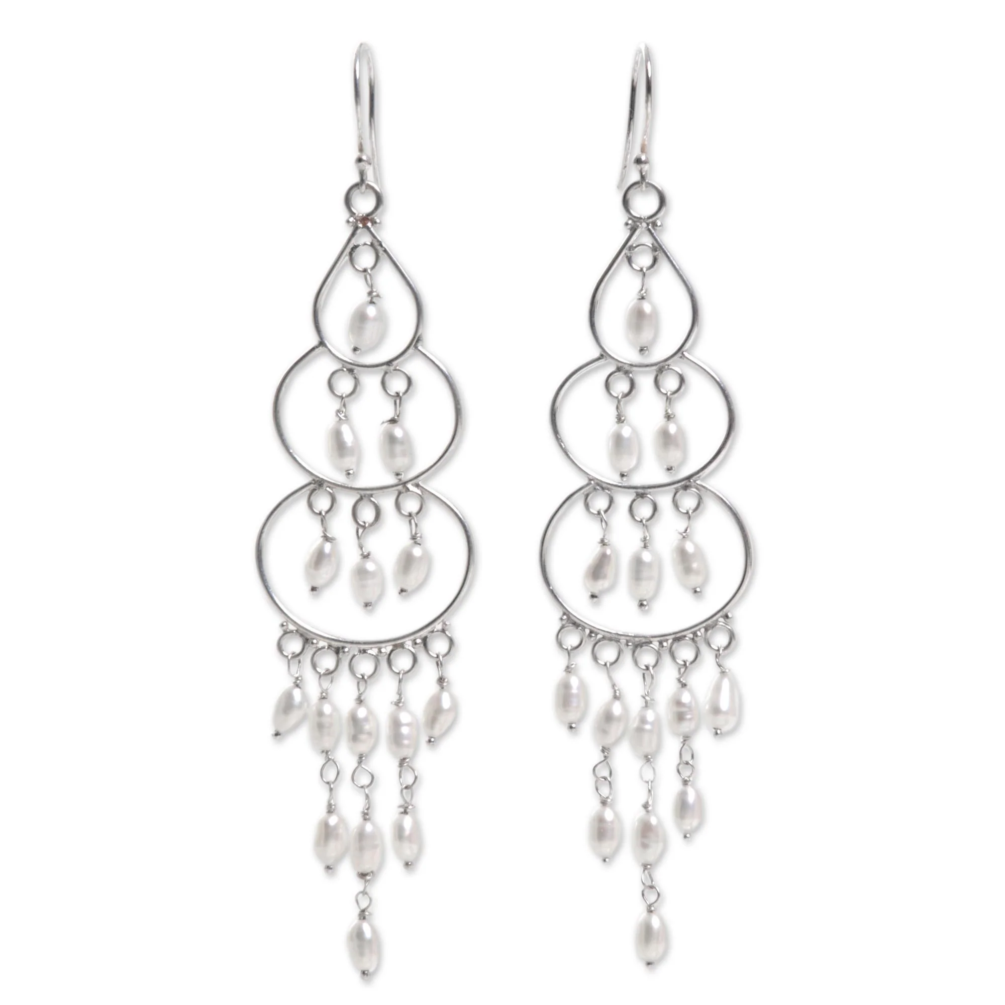 Moonlit Orbs Silver Pearl Chandelier Earrings - Image 2