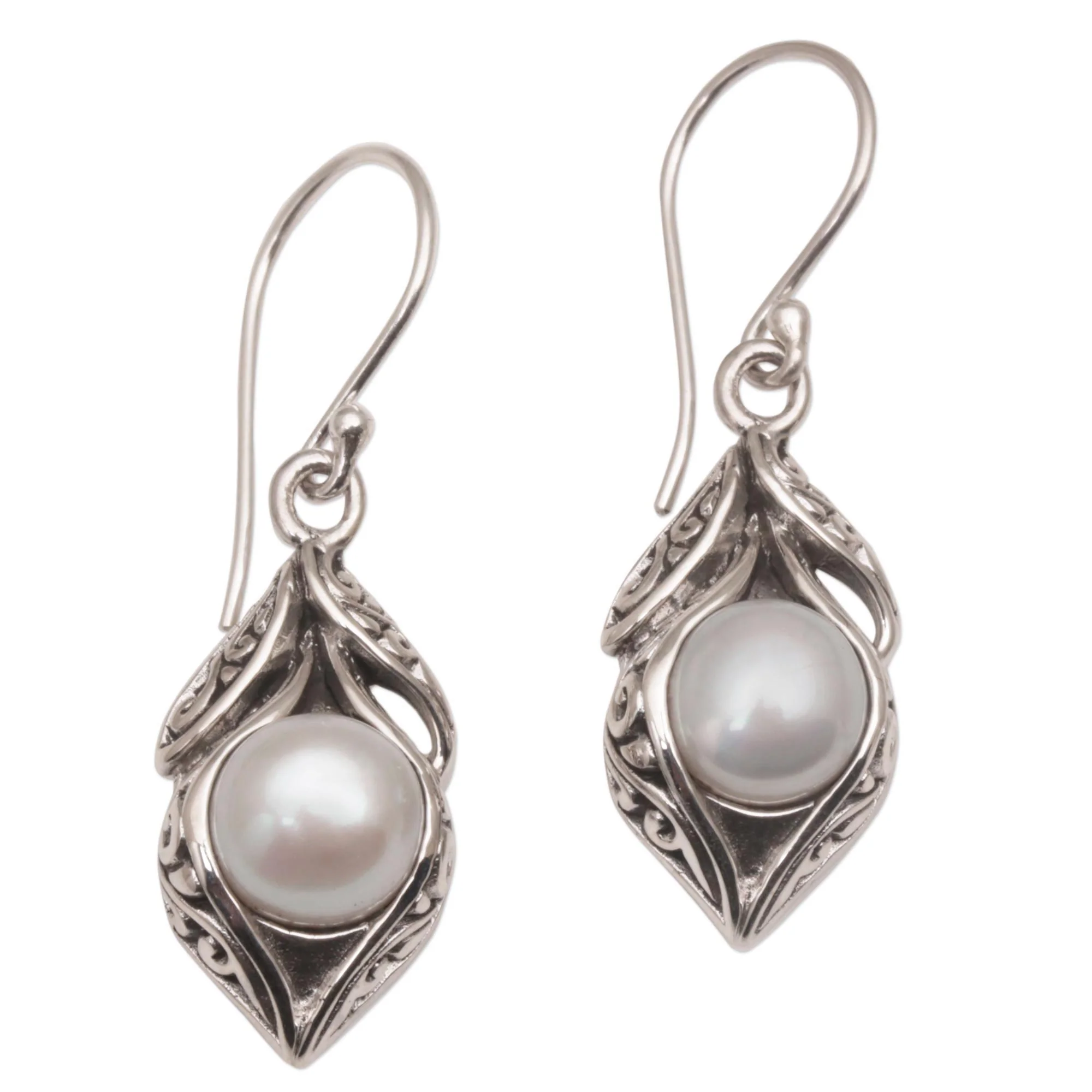 Moonlit Petals Cultured Freshwater Pearl Dangle Earrings from Bali - Image 2