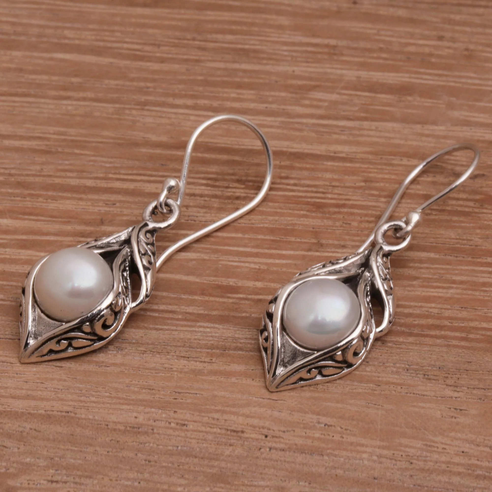 Moonlit Petals Cultured Freshwater Pearl Dangle Earrings from Bali - Image 3