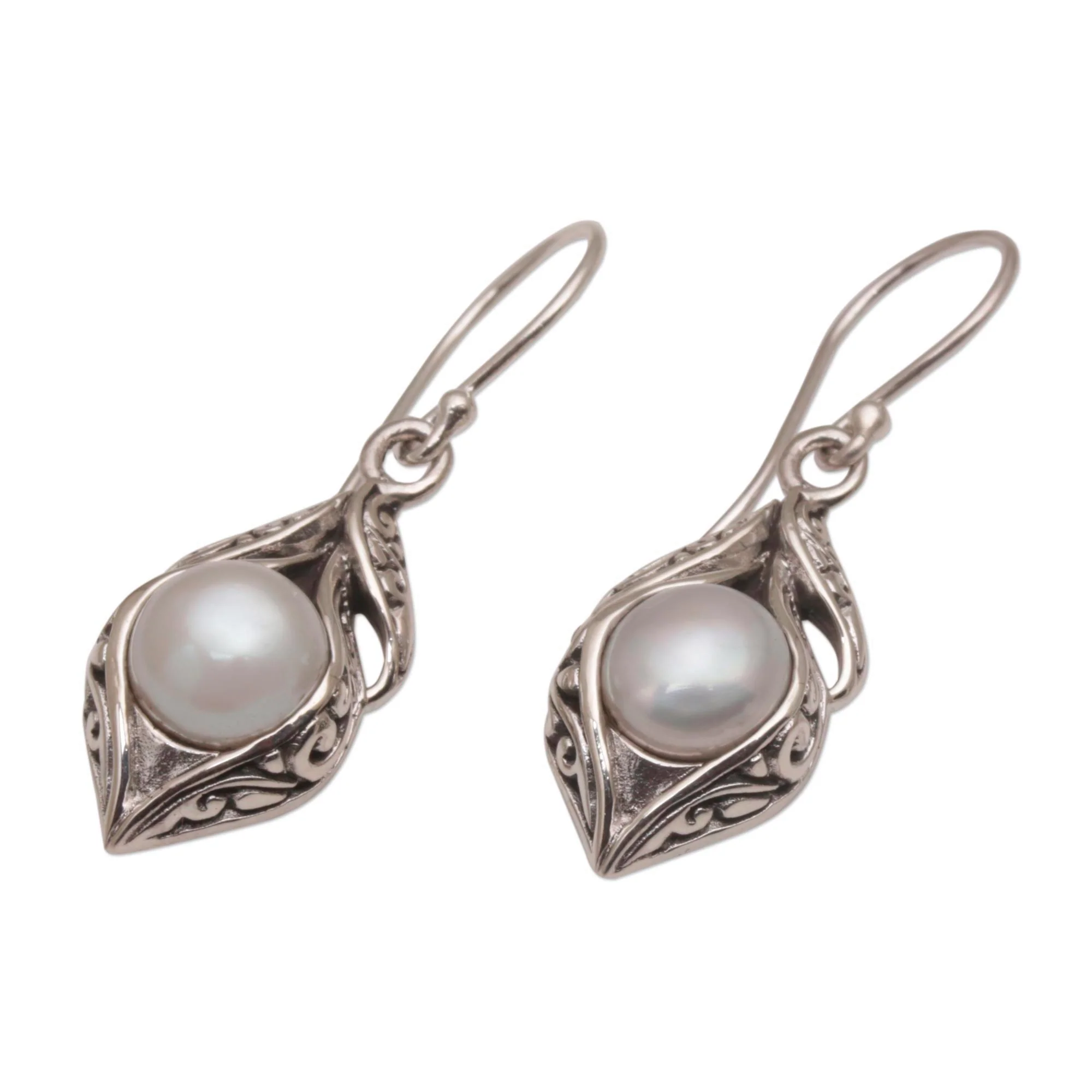 Moonlit Petals Cultured Freshwater Pearl Dangle Earrings from Bali - Image 4