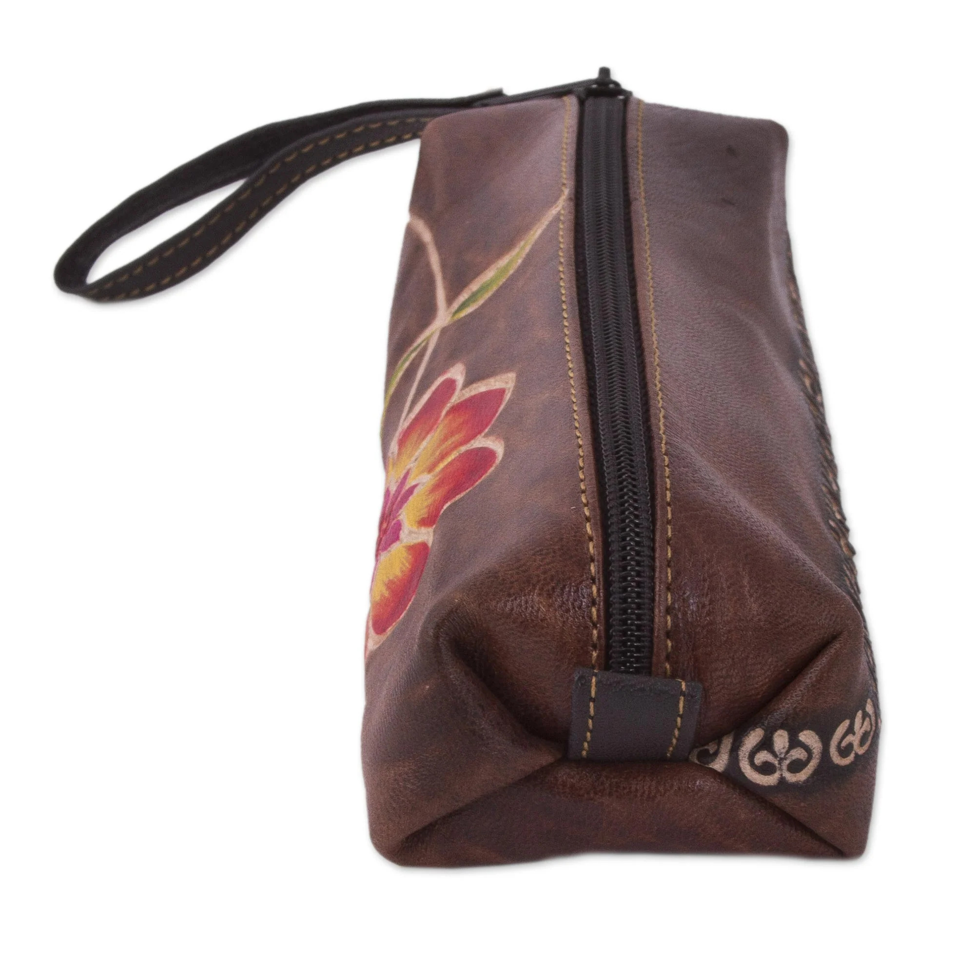 Moray Flower Brown Leather Pencil Case with Hand Painted Flower - Image 5