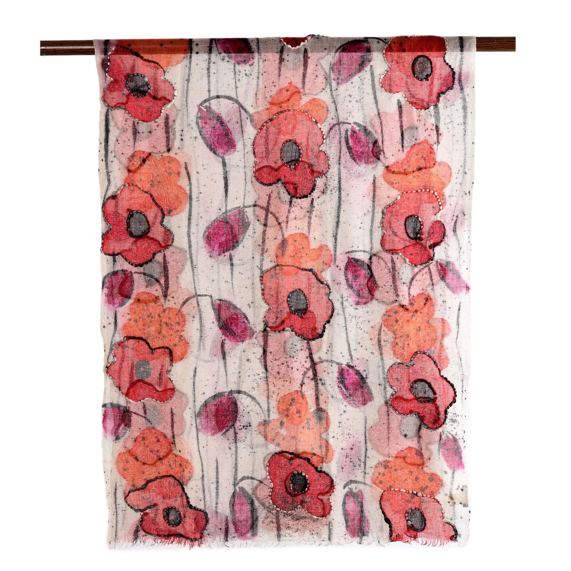 Morning Allure Red and Orange Floral Wool Shawl from India - Image 4