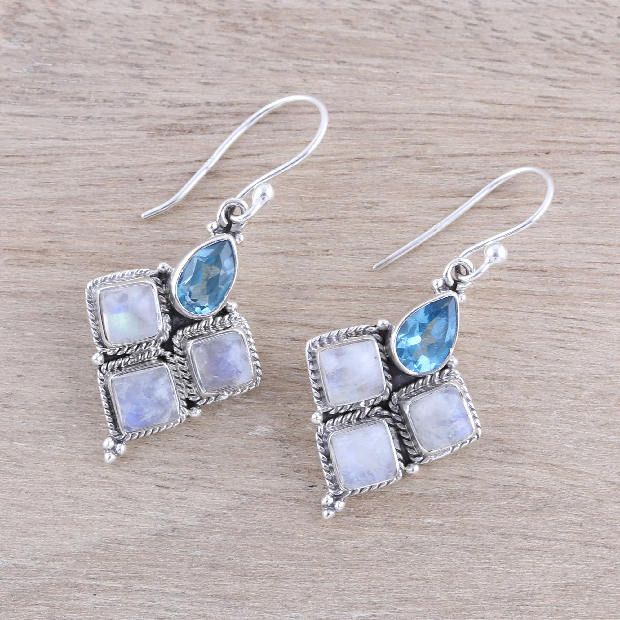 Morning Delight Rainbow Moonstone and Faceted Blue Topaz Earrings from India - Image 3